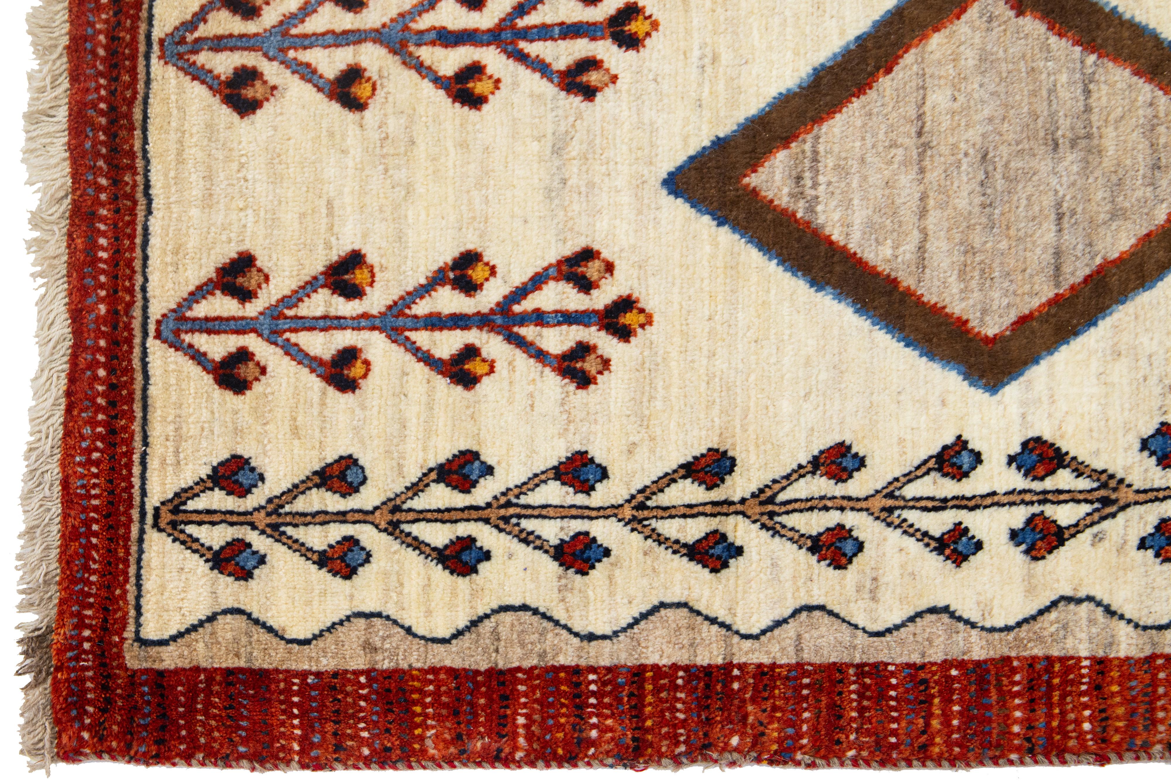 Contemporary Modern Persian Gabbeh Wool Rug In Beige with Tribal Pattern For Sale