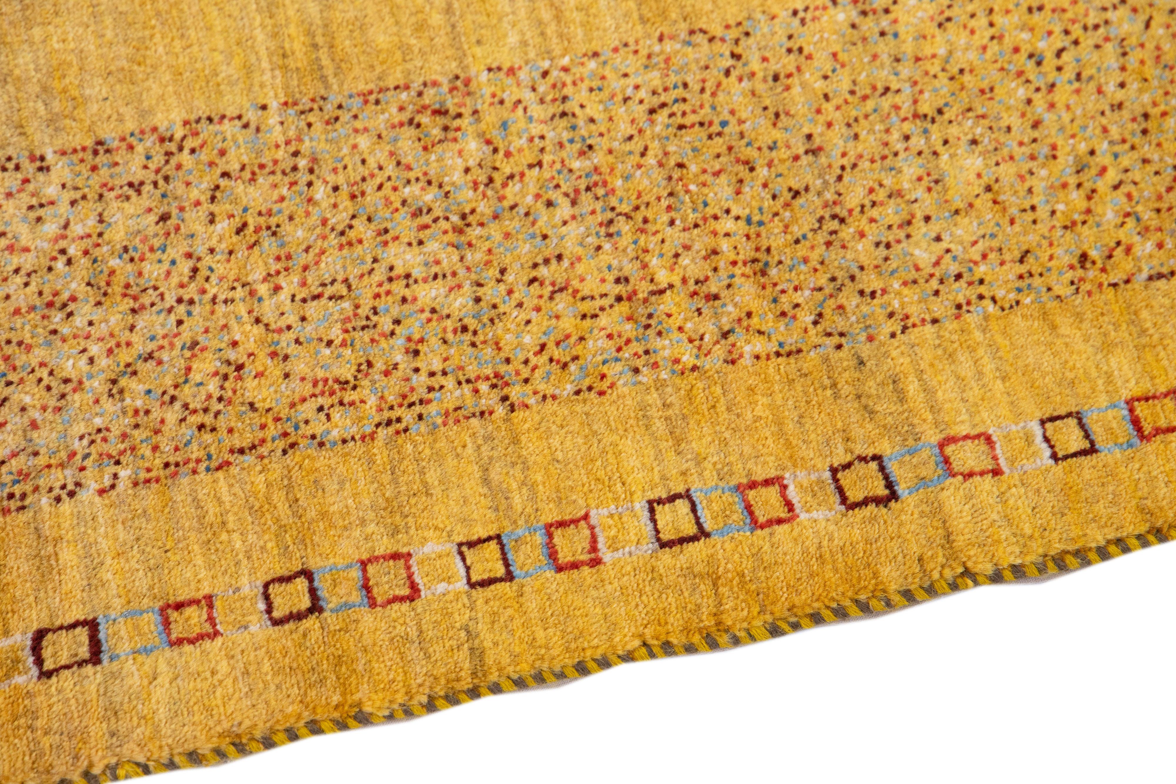 Modern Persian Gabbeh Yellow Handmade Wool Rug with Geometric Pattern For Sale 2