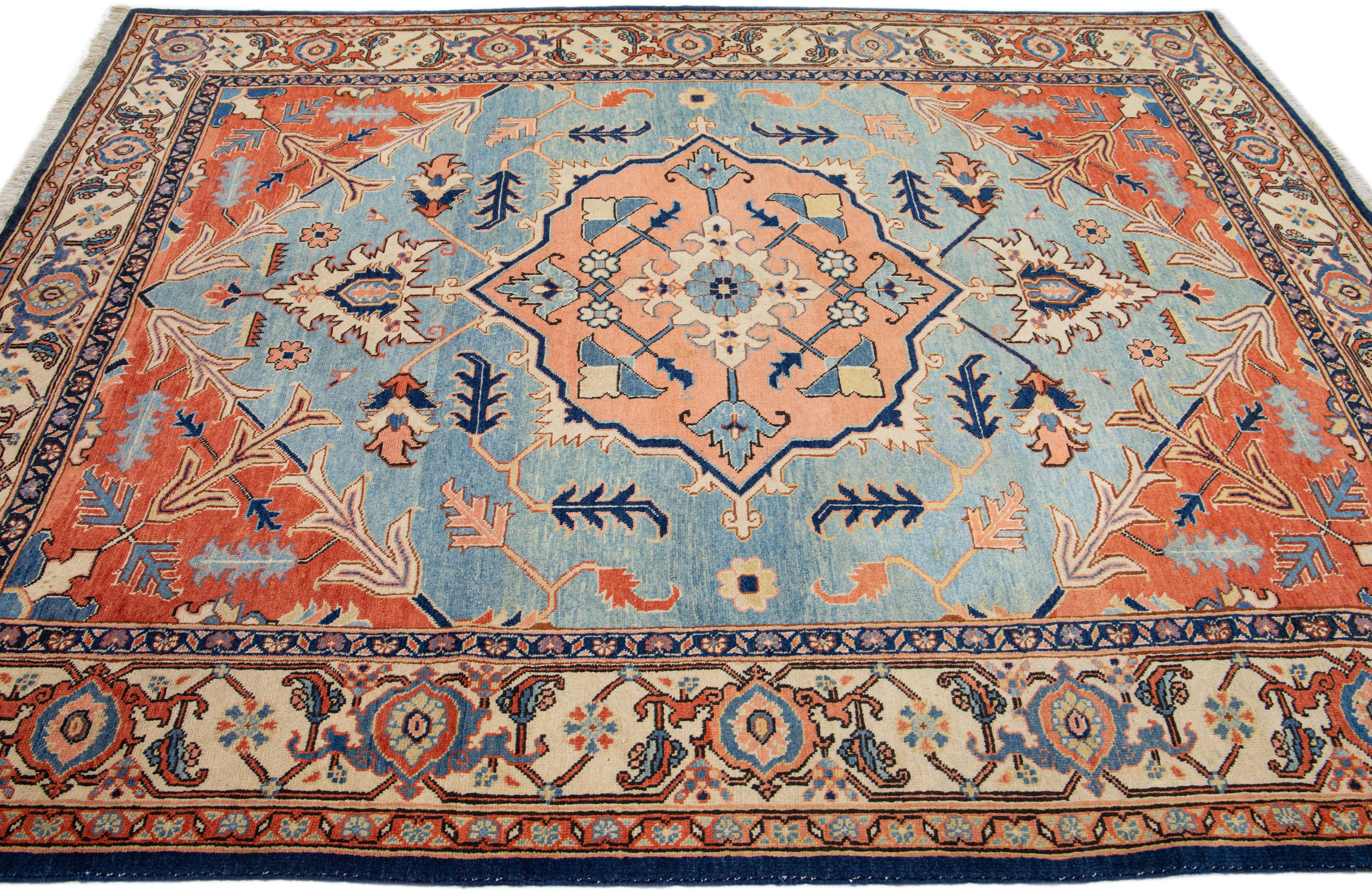 Hand-Knotted Modern Persian Heriz Handmade Medallion Blue and Rust Wool Rug For Sale