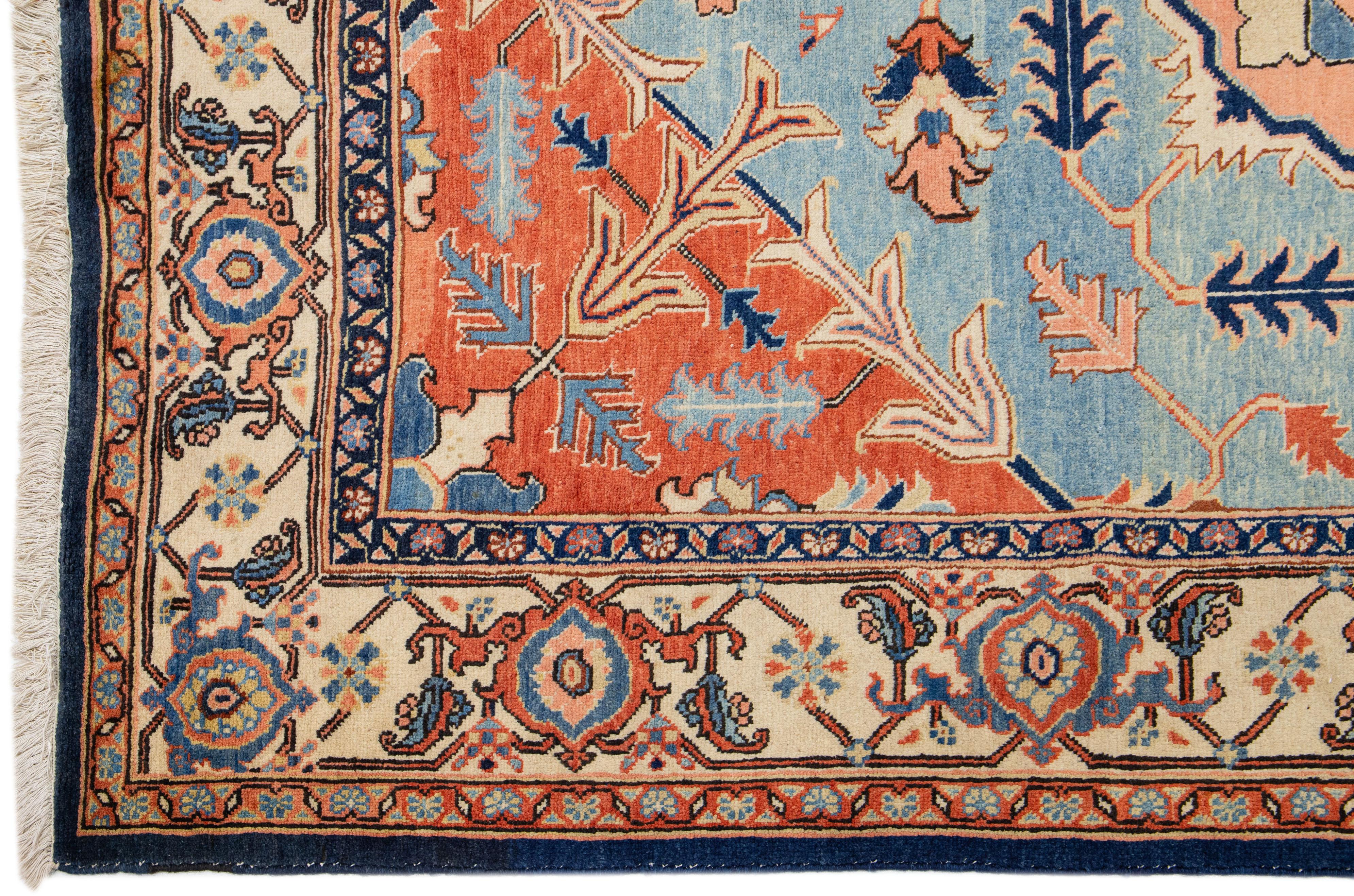 Modern Persian Heriz Handmade Medallion Blue and Rust Wool Rug In New Condition For Sale In Norwalk, CT