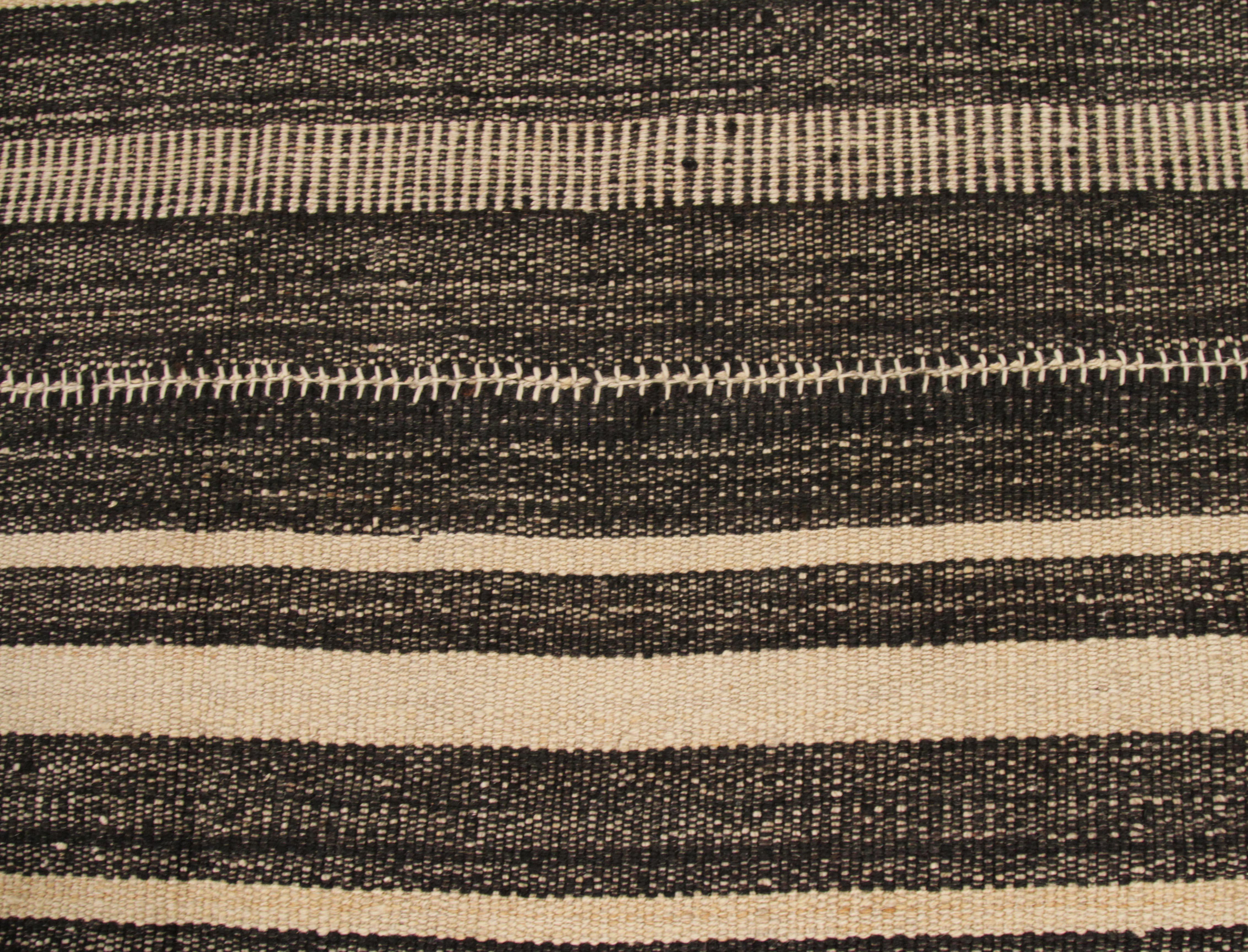 Contemporary Modern Persian Kilim Rug with Black and Brown Stripes on Ivory Field For Sale