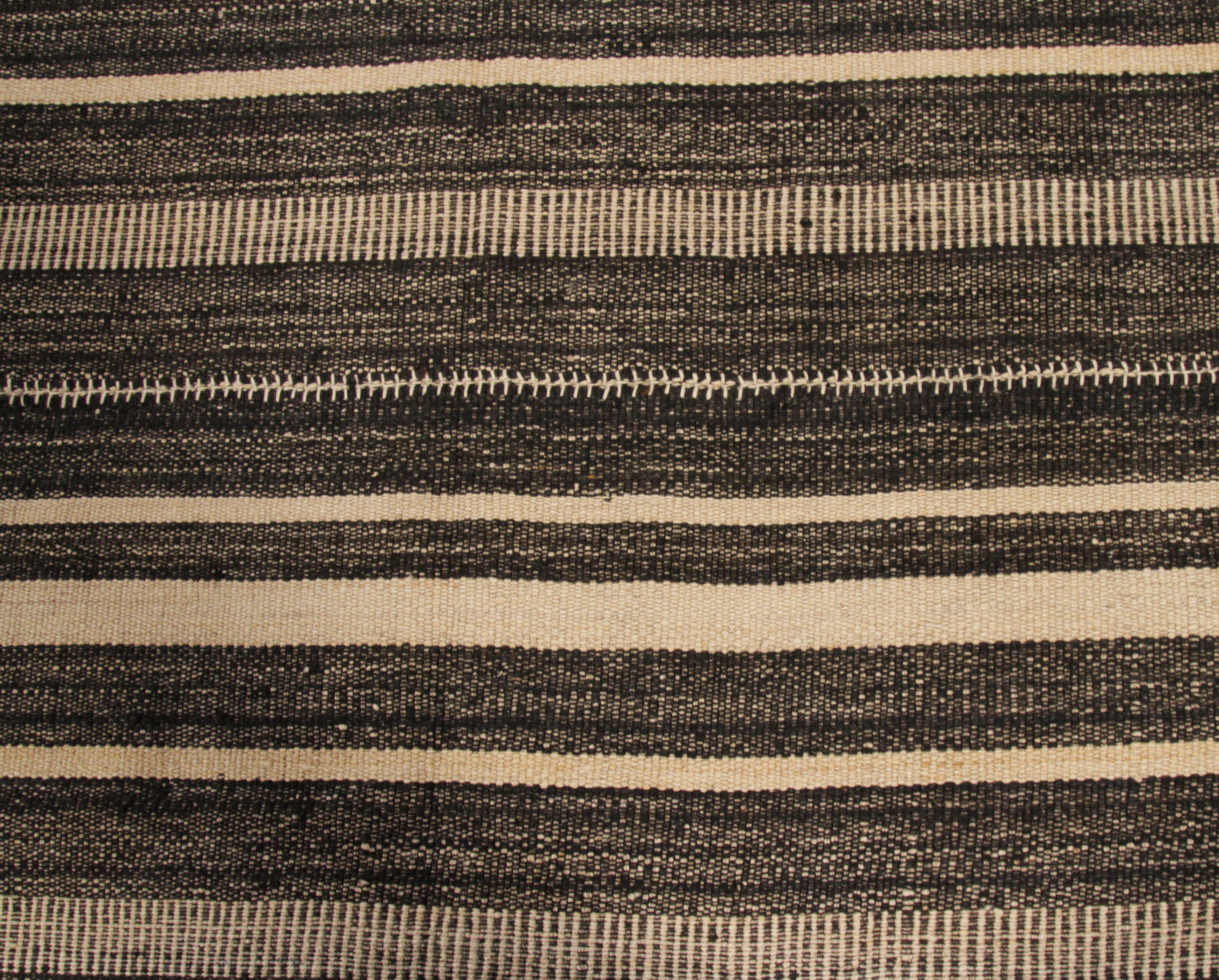 Wool Modern Persian Kilim Rug with Black and Brown Stripes on Ivory Field For Sale