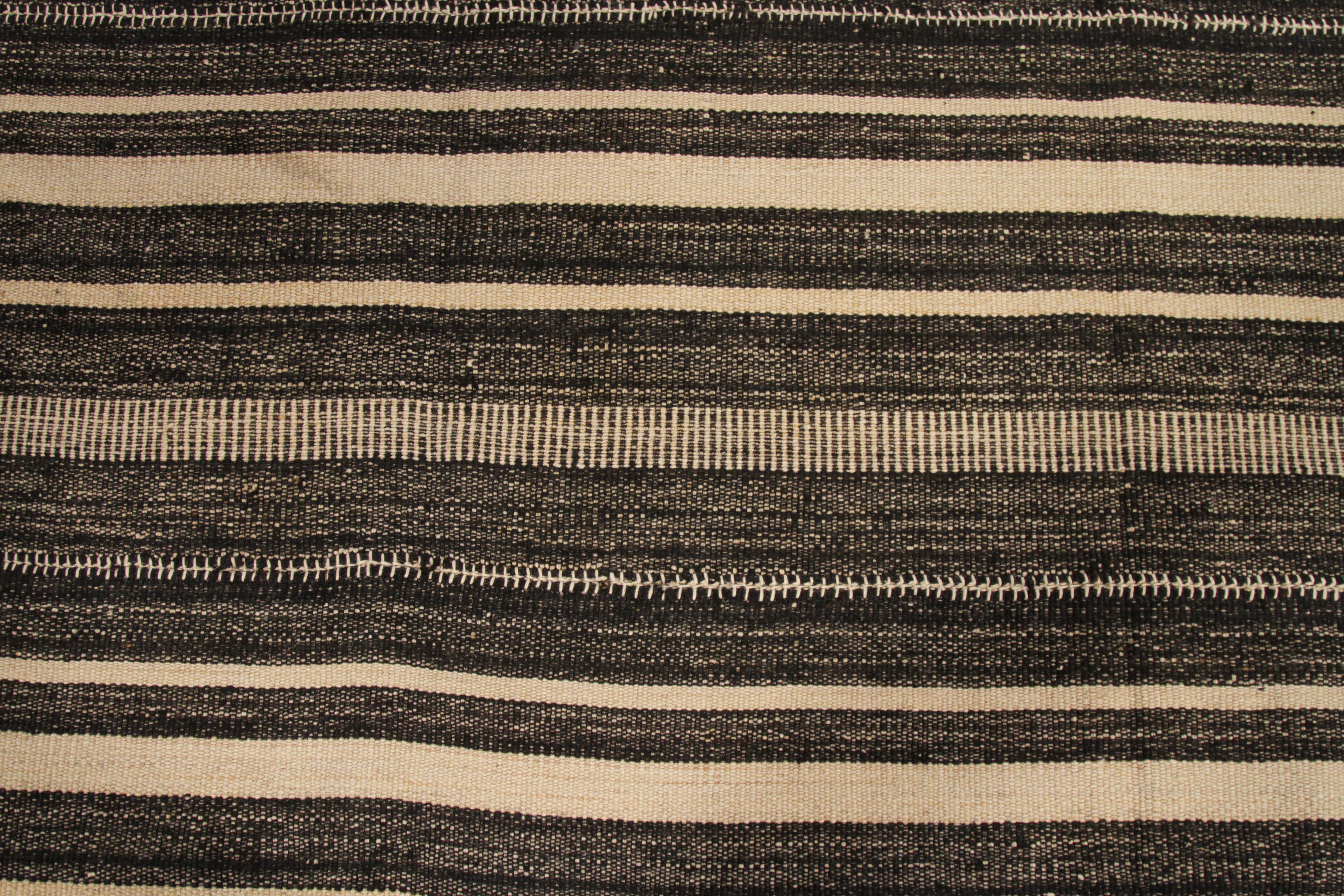 Modern Persian Kilim Rug with Black and Brown Stripes on Ivory Field For Sale 1