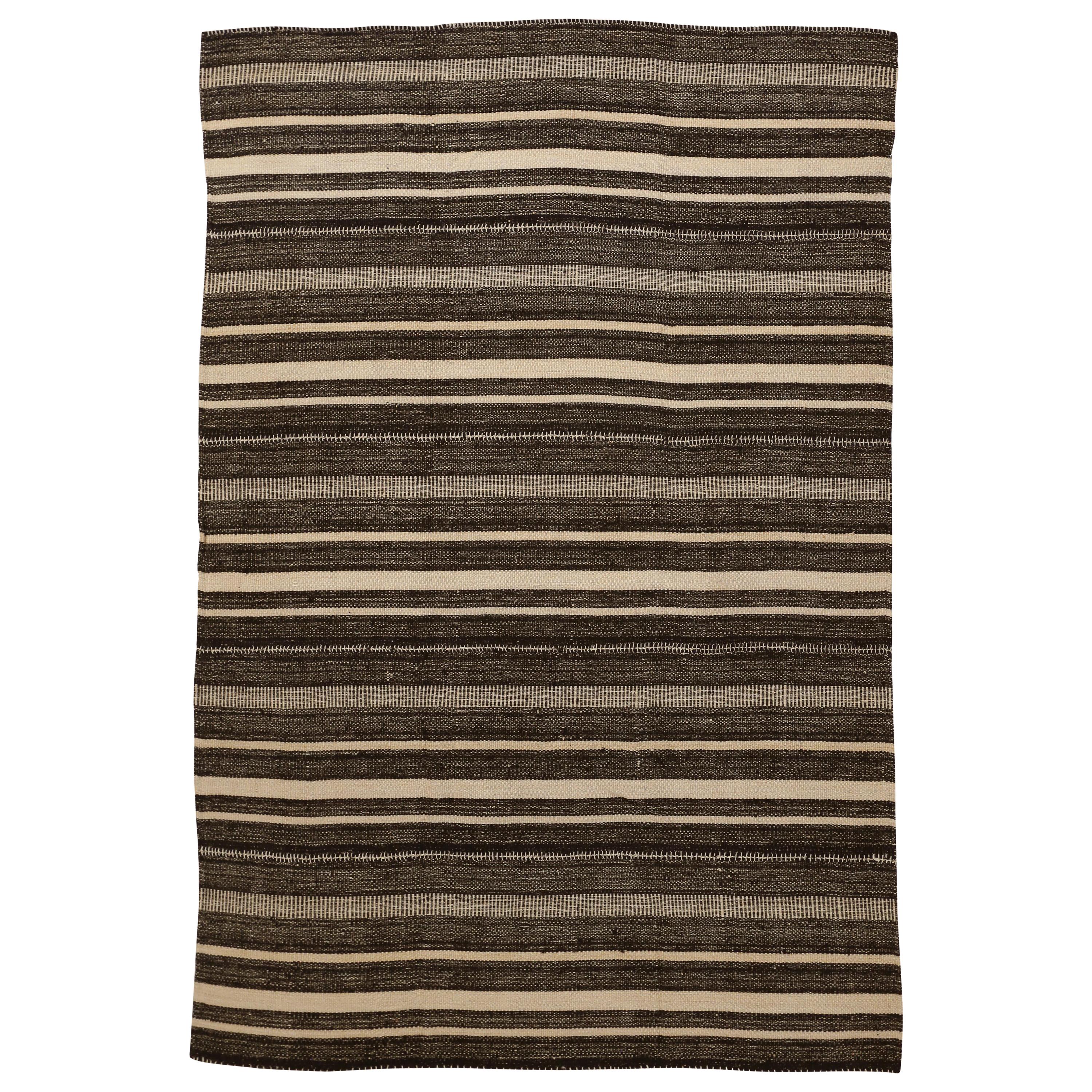 Modern Persian Kilim Rug with Black and Brown Stripes on Ivory Field For Sale