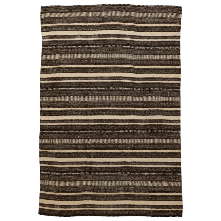 Modern Persian Kilim Rug with Black and Brown Stripes on Ivory Field For  Sale at 1stDibs