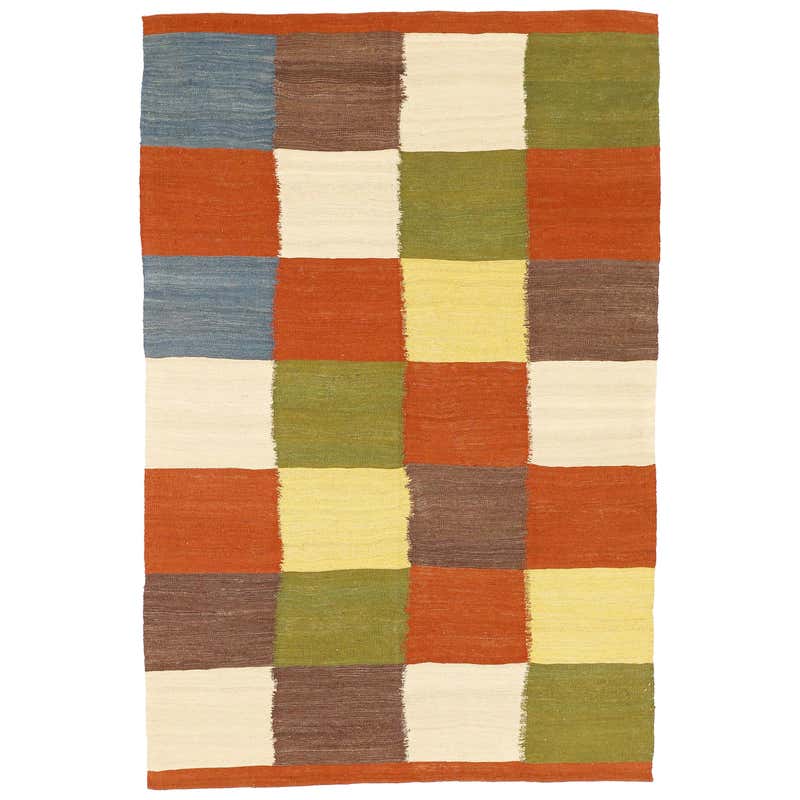 Modern Persian Kilim Style Rug with Colored Squares on Ivory Field For ...