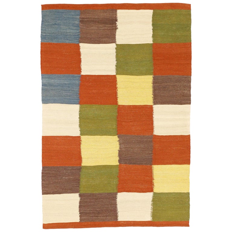 Modern Persian Kilim Style Rug with Colored Squares on Ivory Field For