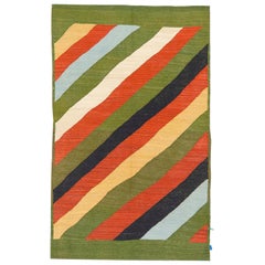 Modern Persian Kilim Style Rug with Diagonal Colored Stripes on Green Field