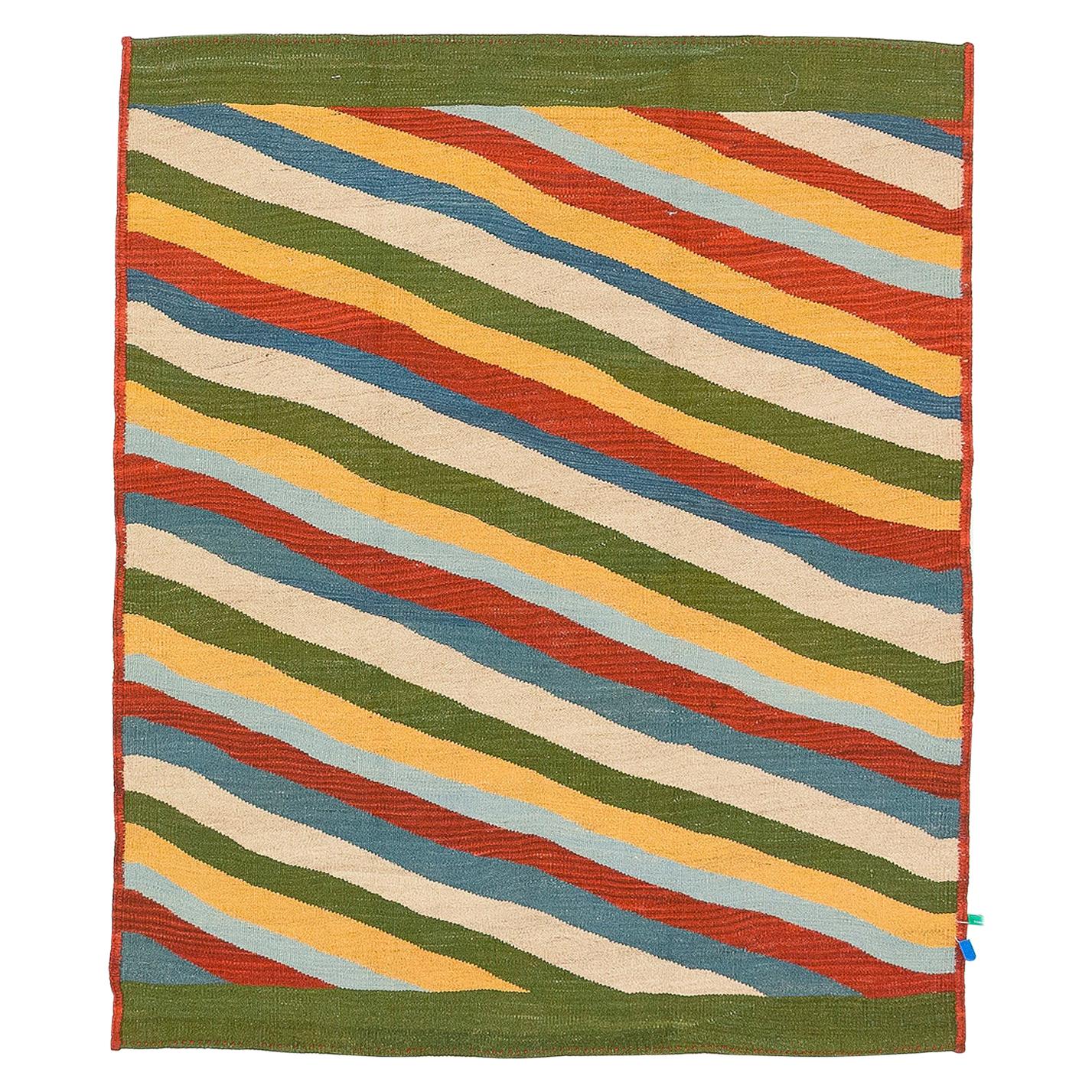 Modern Persian Kilim Style Rug with Diagonal Colored Stripes Pattern For Sale