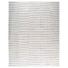 Modern Persian Mazandaran Handwoven Flat-Weave Stripe Rug in White and Blue