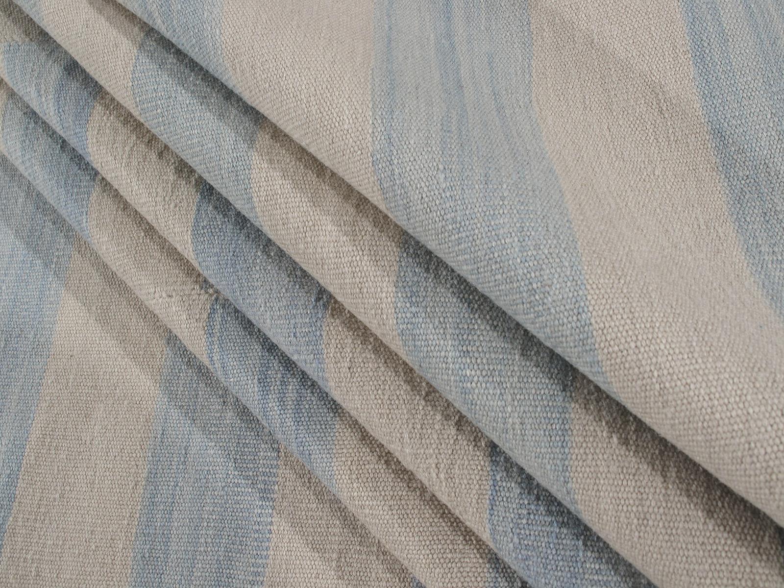 Kilim Modern Persian Mazandaran Handwoven Flat-Weave Stripe Rug in White and Blue For Sale