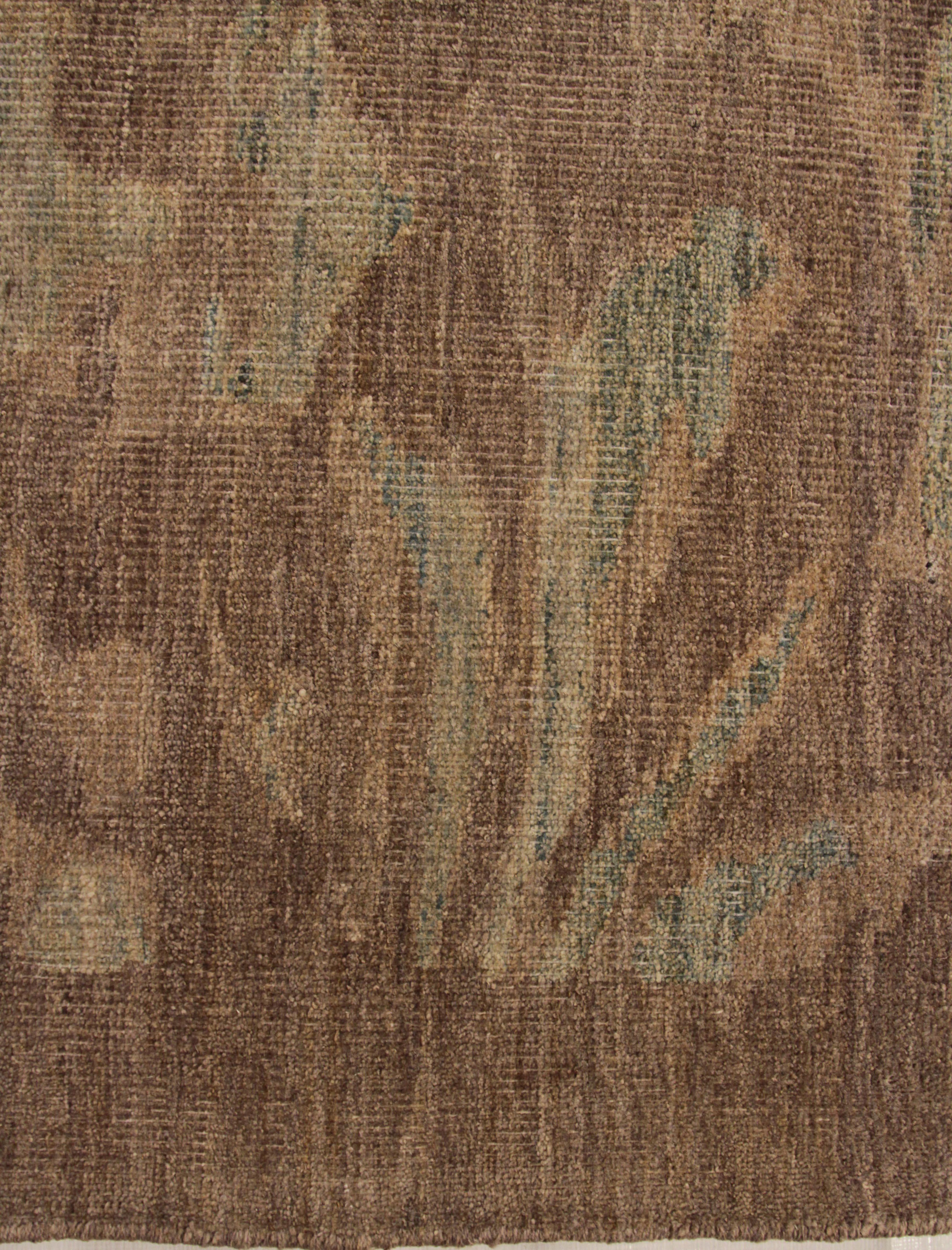 Hand-Knotted Modern Persian Oushak Rug Brown with Green Medallions and Vine Scrolls For Sale