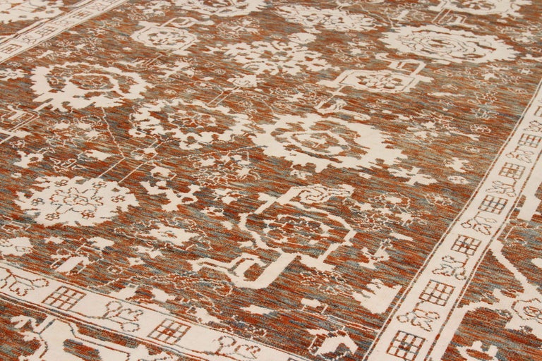 Pushak Rug Modern Persian Oushak Rug in Rust Color with White and Green Floral ...
