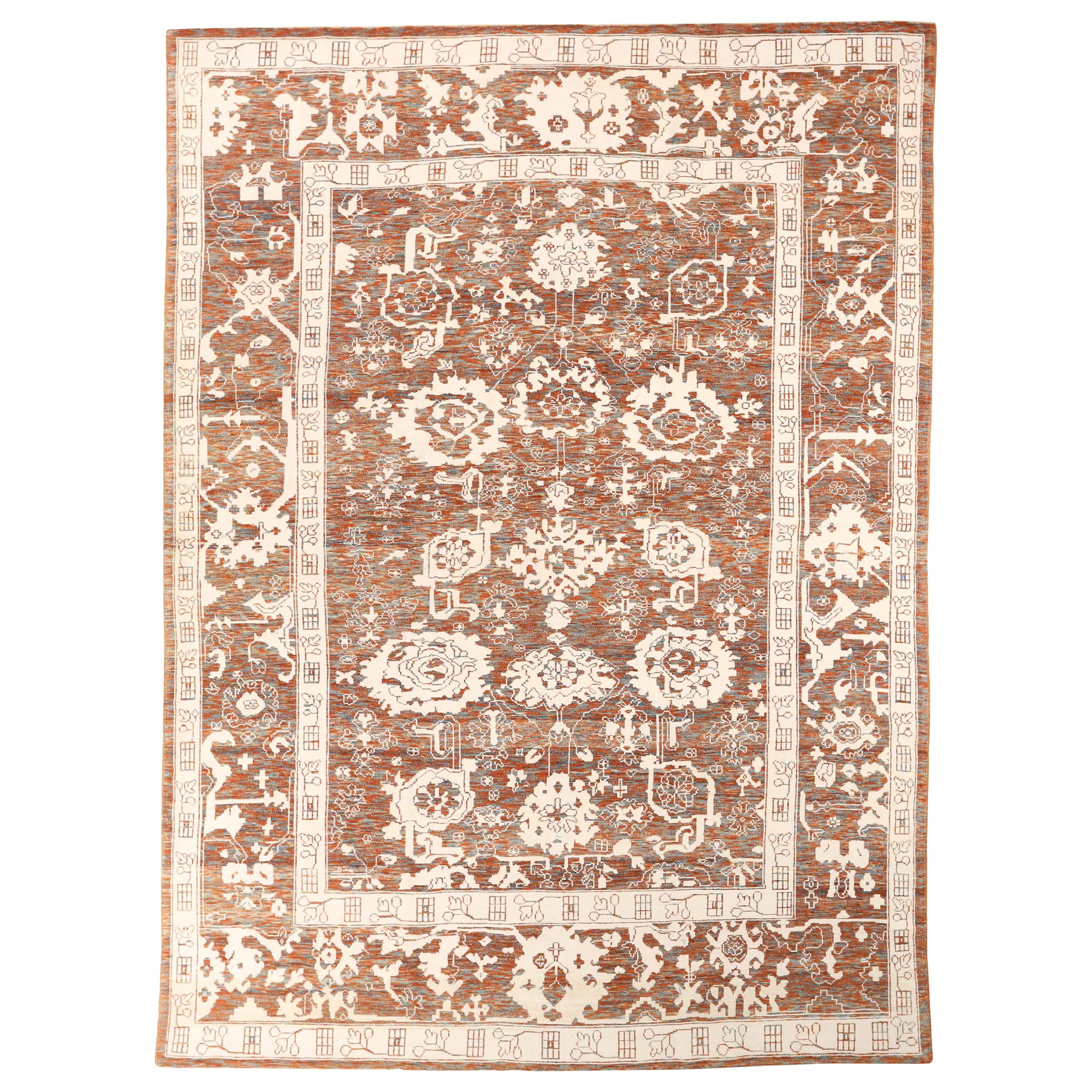 Modern Persian Oushak Rug in Rust Color with White and Green Floral Details