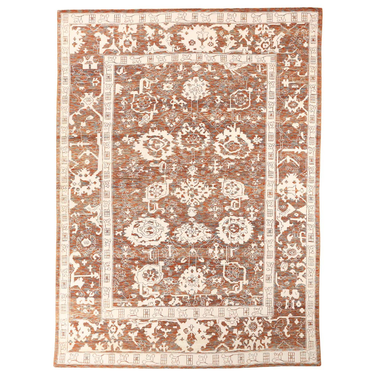 Modern Persian Oushak Rug in Rust Color with White and Green Floral ...