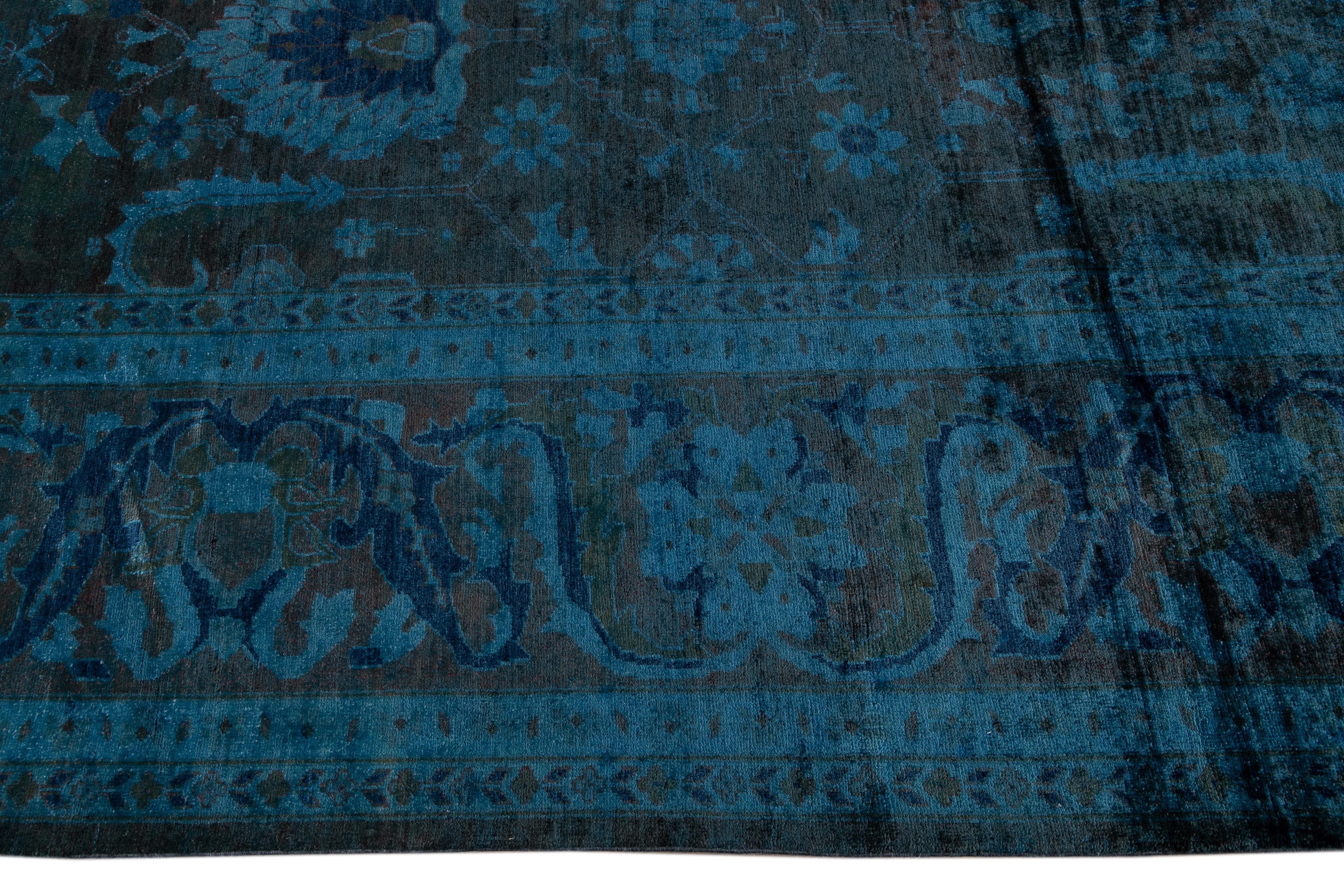 Pakistani Modern Persian Overdyed Handmade Allover Wool Rug in Grey & Blue For Sale