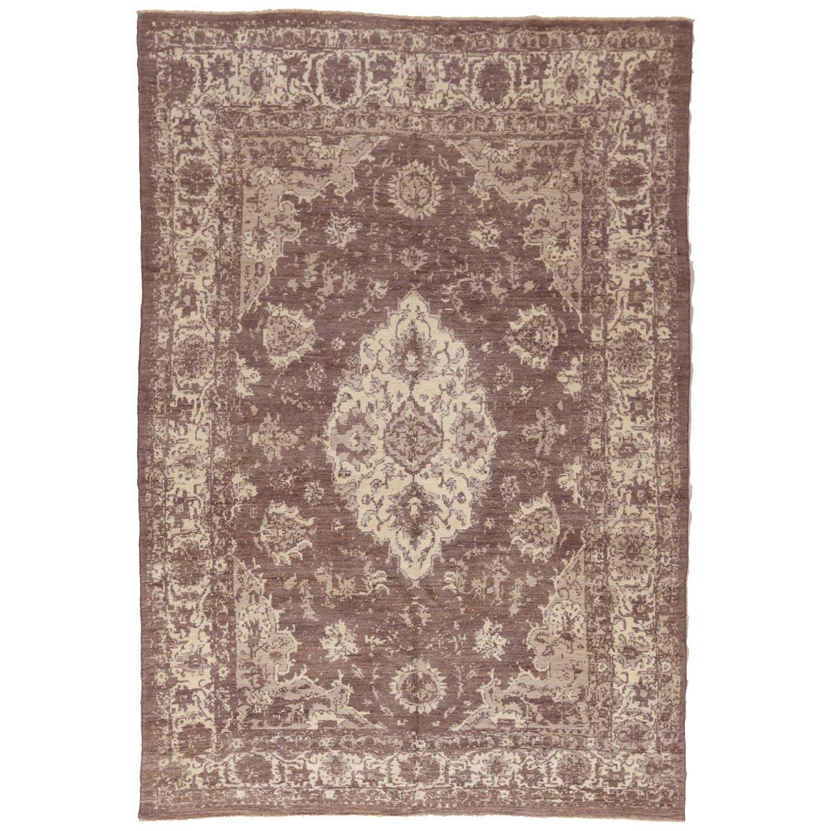 Modern Persian Rug Oushak Design with Large Ivory Medallion over Brown Field