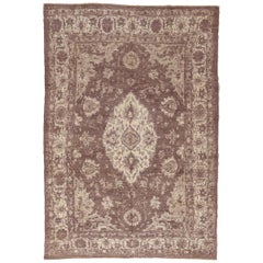 Modern Persian Rug Oushak Design with Large Ivory Medallion over Brown Field