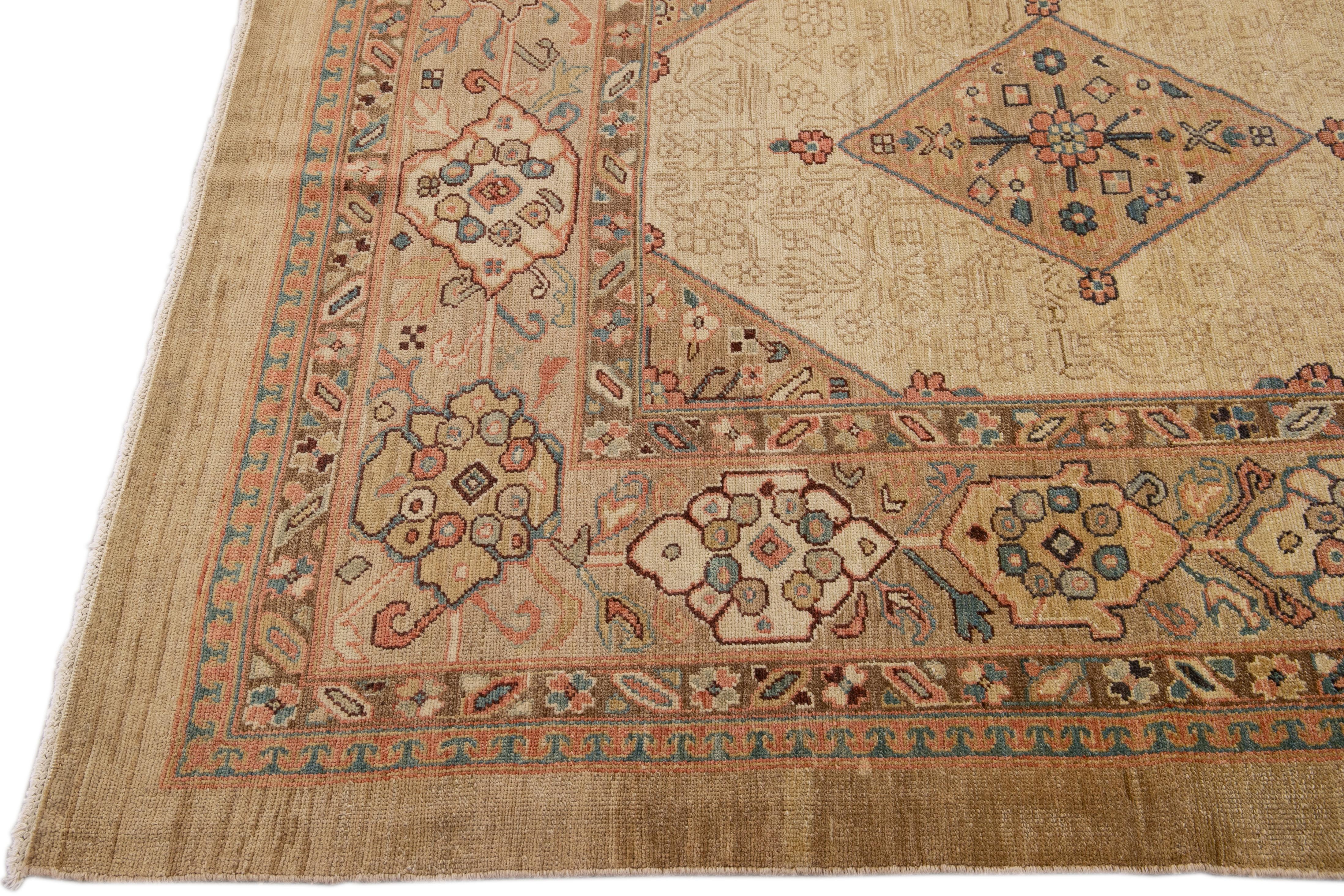 Islamic Tan Modern Persian Serab Handmade Square Wool Rug with Allover Motif For Sale