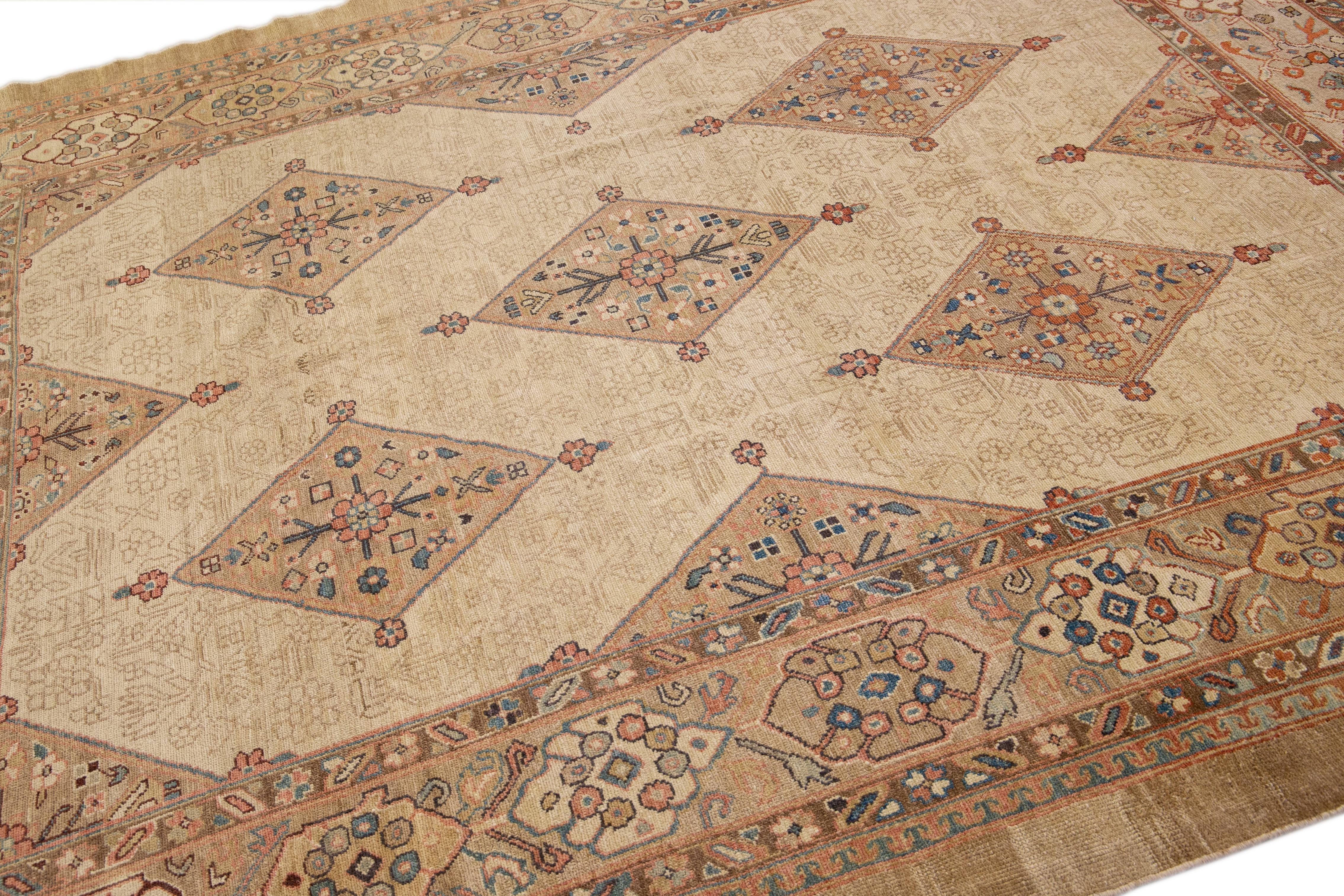 Hand-Knotted Tan Modern Persian Serab Handmade Square Wool Rug with Allover Motif For Sale