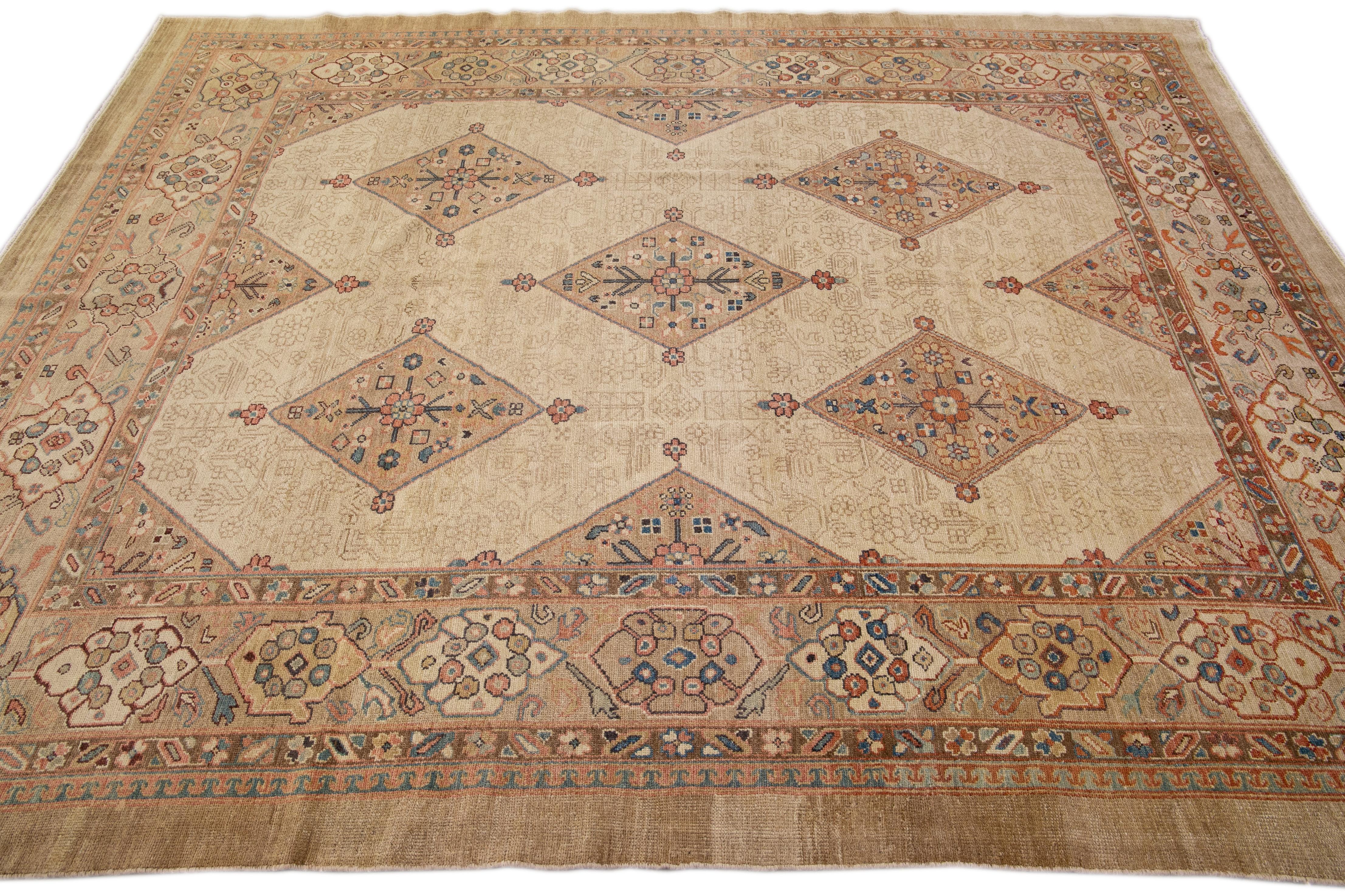 Tan Modern Persian Serab Handmade Square Wool Rug with Allover Motif In New Condition For Sale In Norwalk, CT