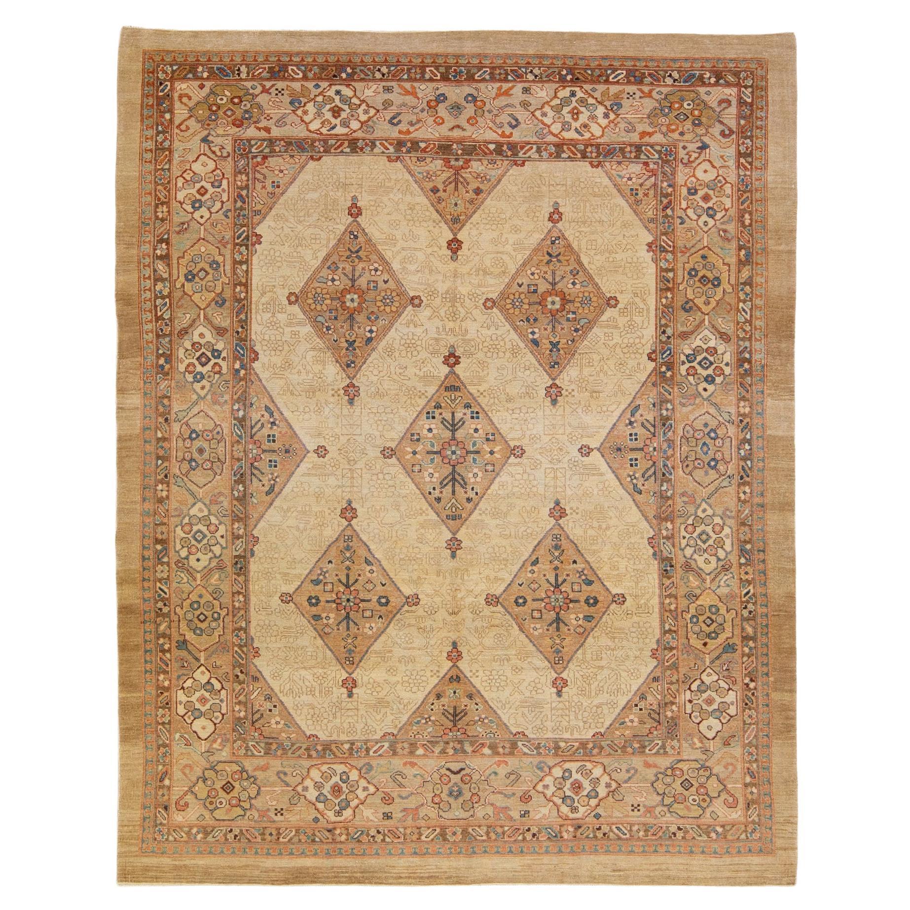 Tan Modern Persian Serab Handmade Square Wool Rug with Allover Motif