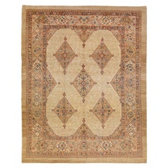Tan Modern Persian Serab Handmade Square Wool Rug with Allover Motif