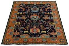 Modern Persian Serapi Style Rug – Navy Blue & Terracotta Floral Geometric Wool