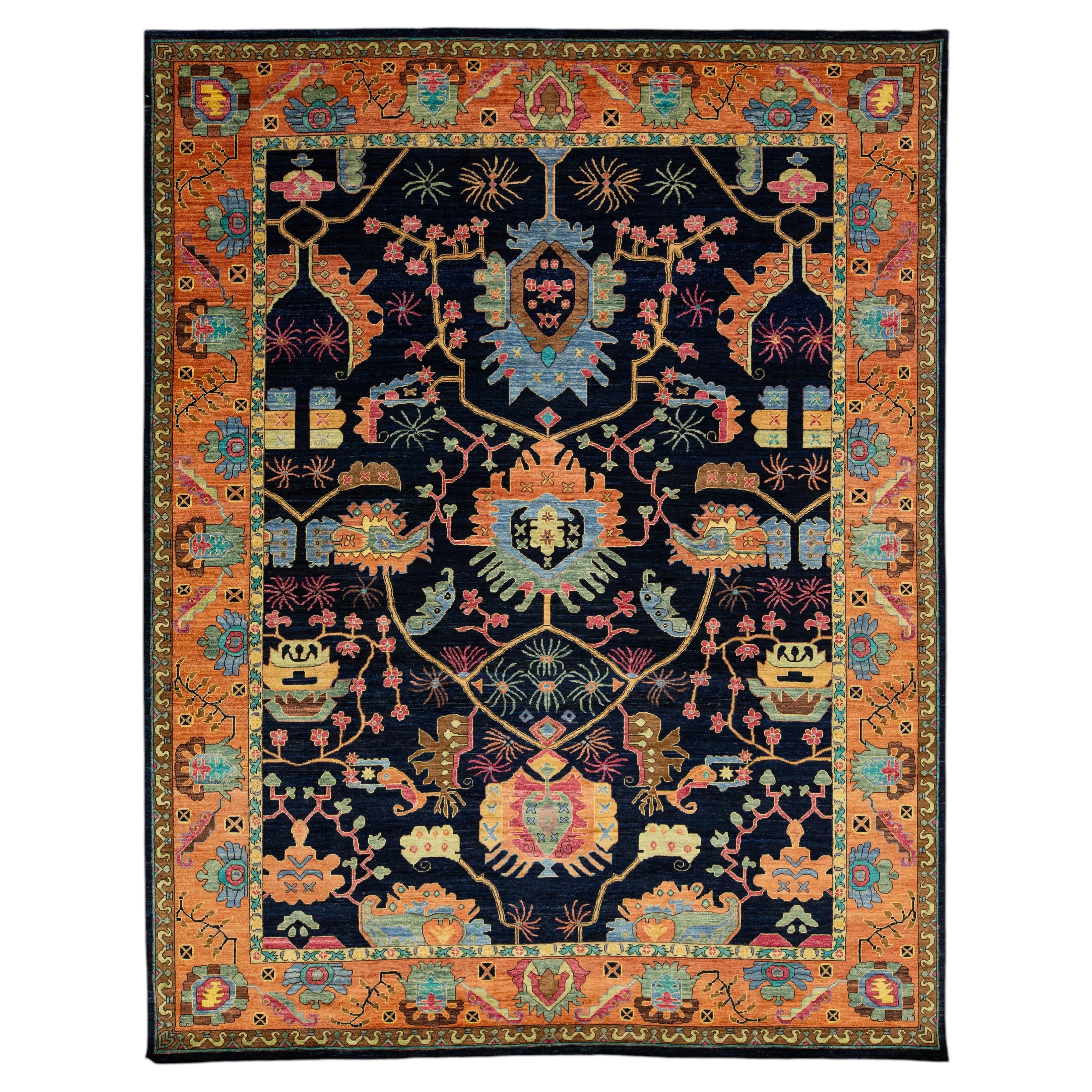 Modern Persian Serapi Style Rug – Navy Blue & Terracotta Floral Geometric Wool