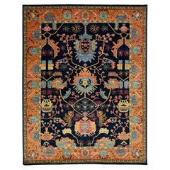 Modern Persian Serapi Style Rug – Navy Blue & Terracotta Floral Geometric Wool