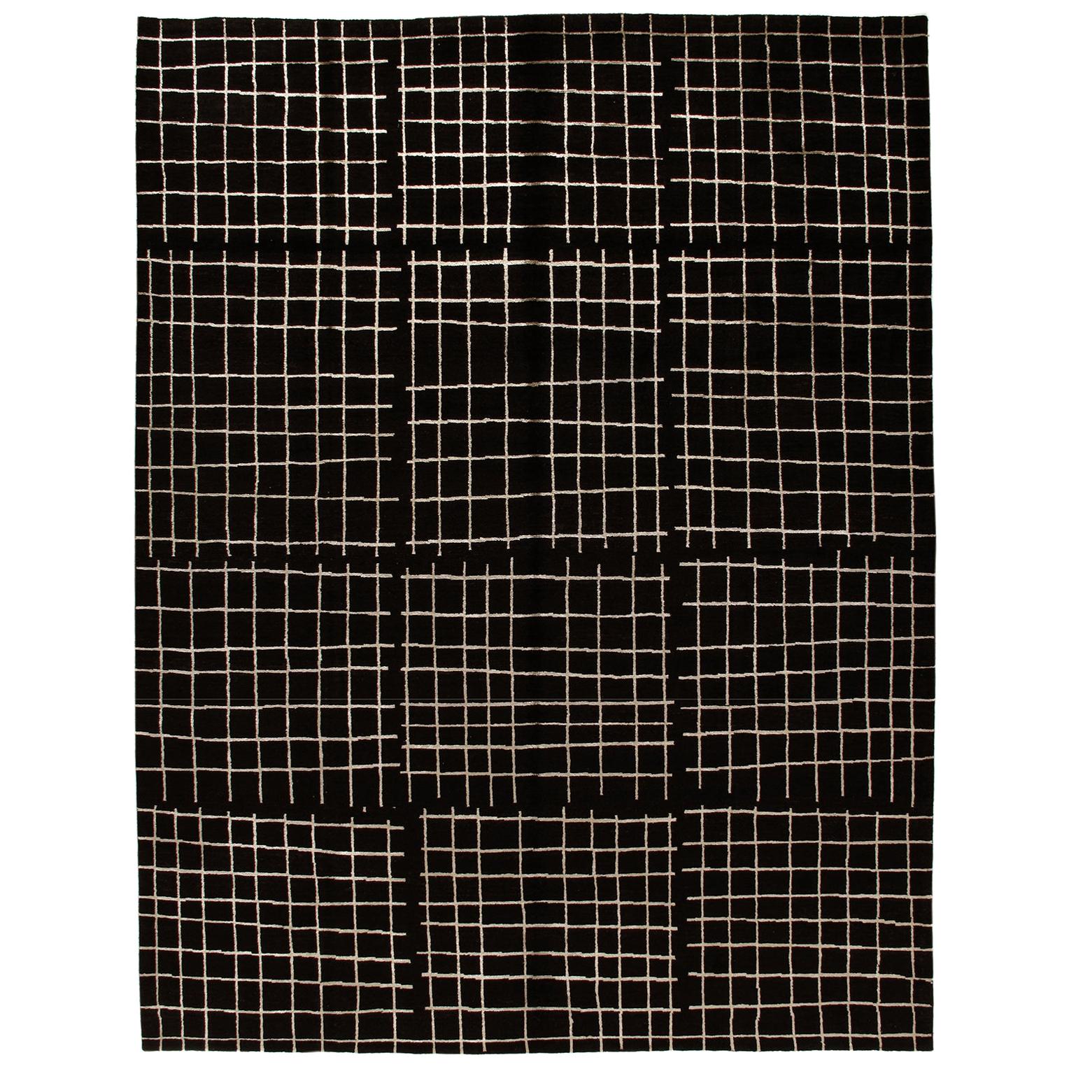 Tappeto persiano moderno Shiraz annodato a mano con colori nero e oro