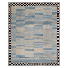 Modern Persian Shiraz Rug in Indigo and Natural Black Wool, Hand Knotted