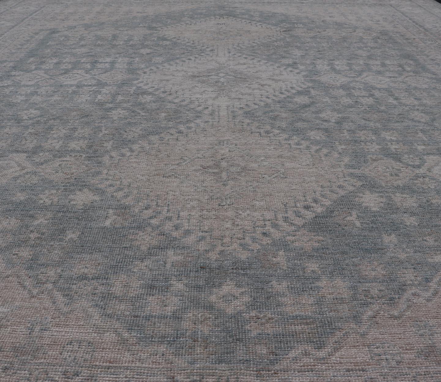 Modern Persian Shiraz Rug with Tribal Design in Light Blue Background and Taupe For Sale 3