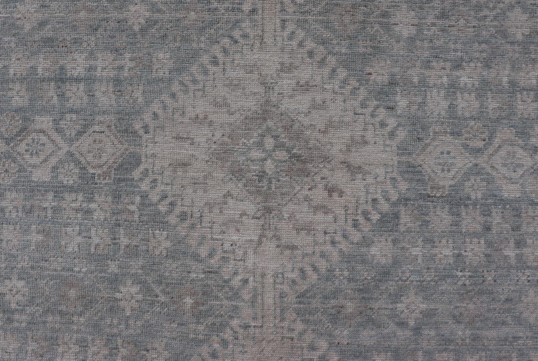 Modern Persian Shiraz Rug with Tribal Design in Light Blue Background and Taupe For Sale 4