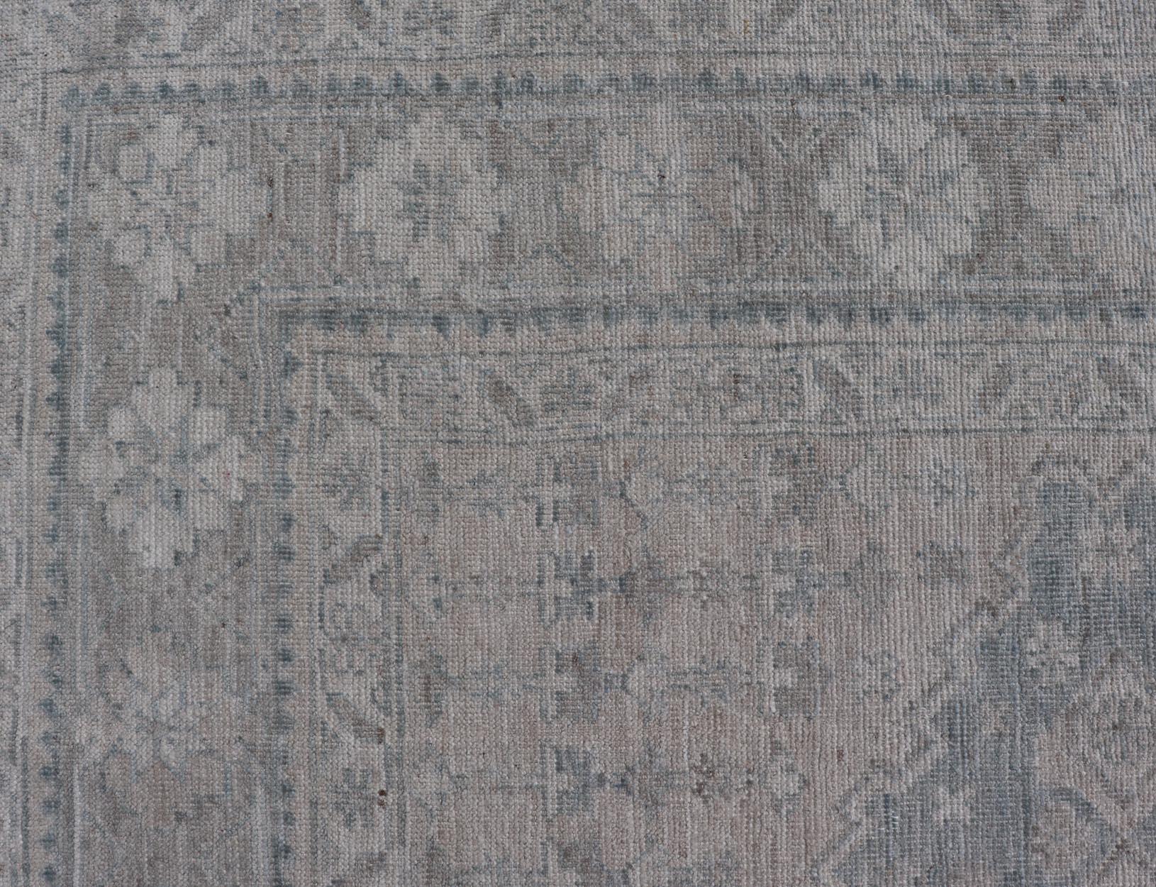 Oushak Modern Persian Shiraz Rug with Tribal Design in Light Blue Background and Taupe For Sale