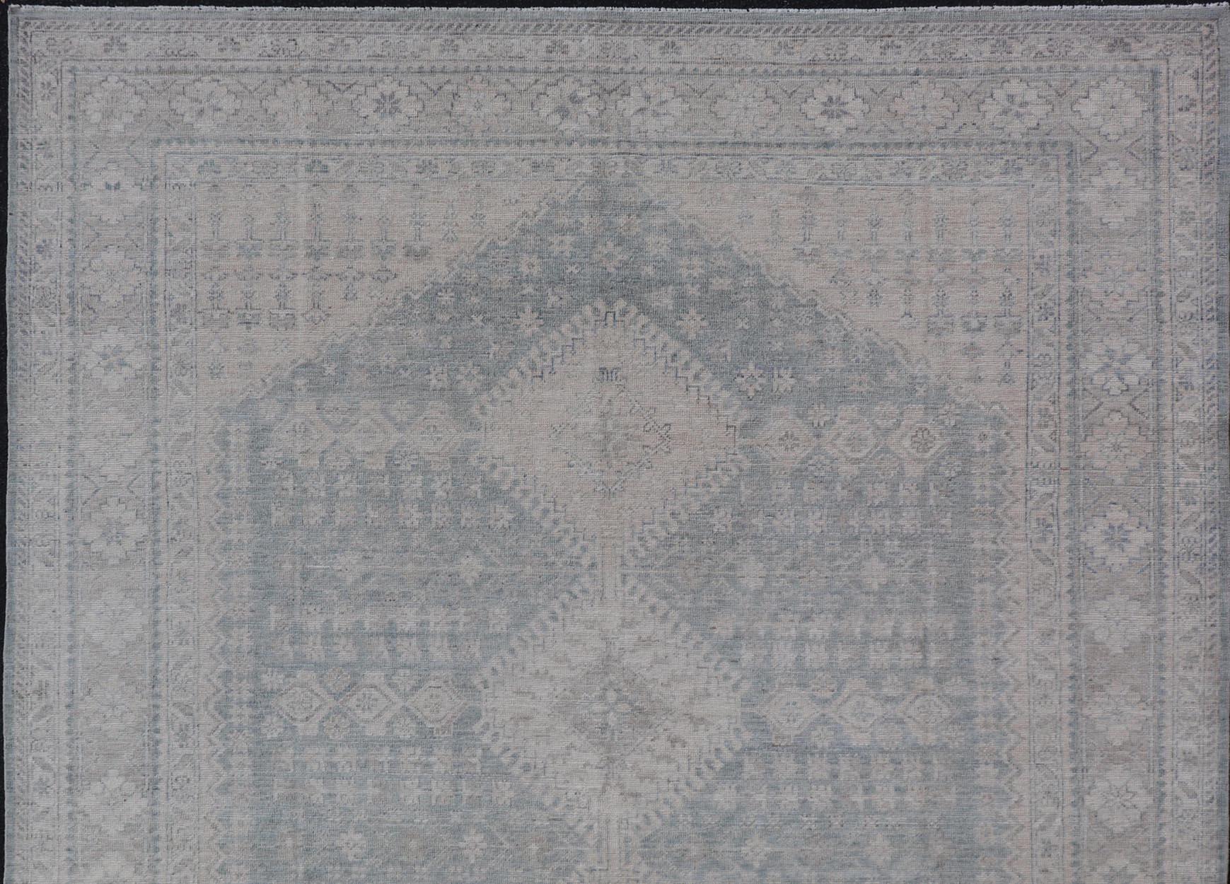 Modern Persian Shiraz Rug with Tribal Design in Light Blue Background and Taupe In New Condition For Sale In Atlanta, GA