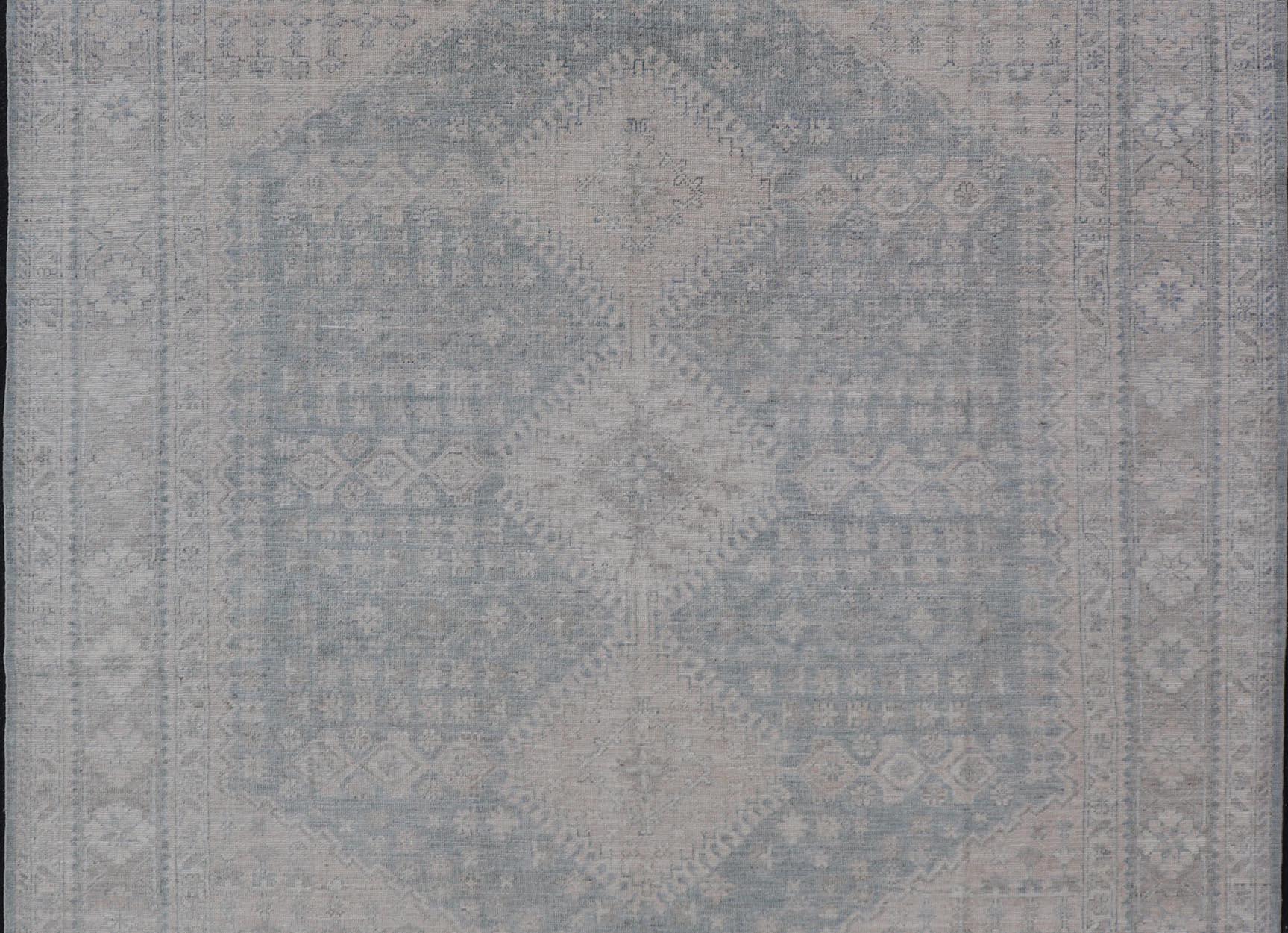 Contemporary Modern Persian Shiraz Rug with Tribal Design in Light Blue Background and Taupe For Sale
