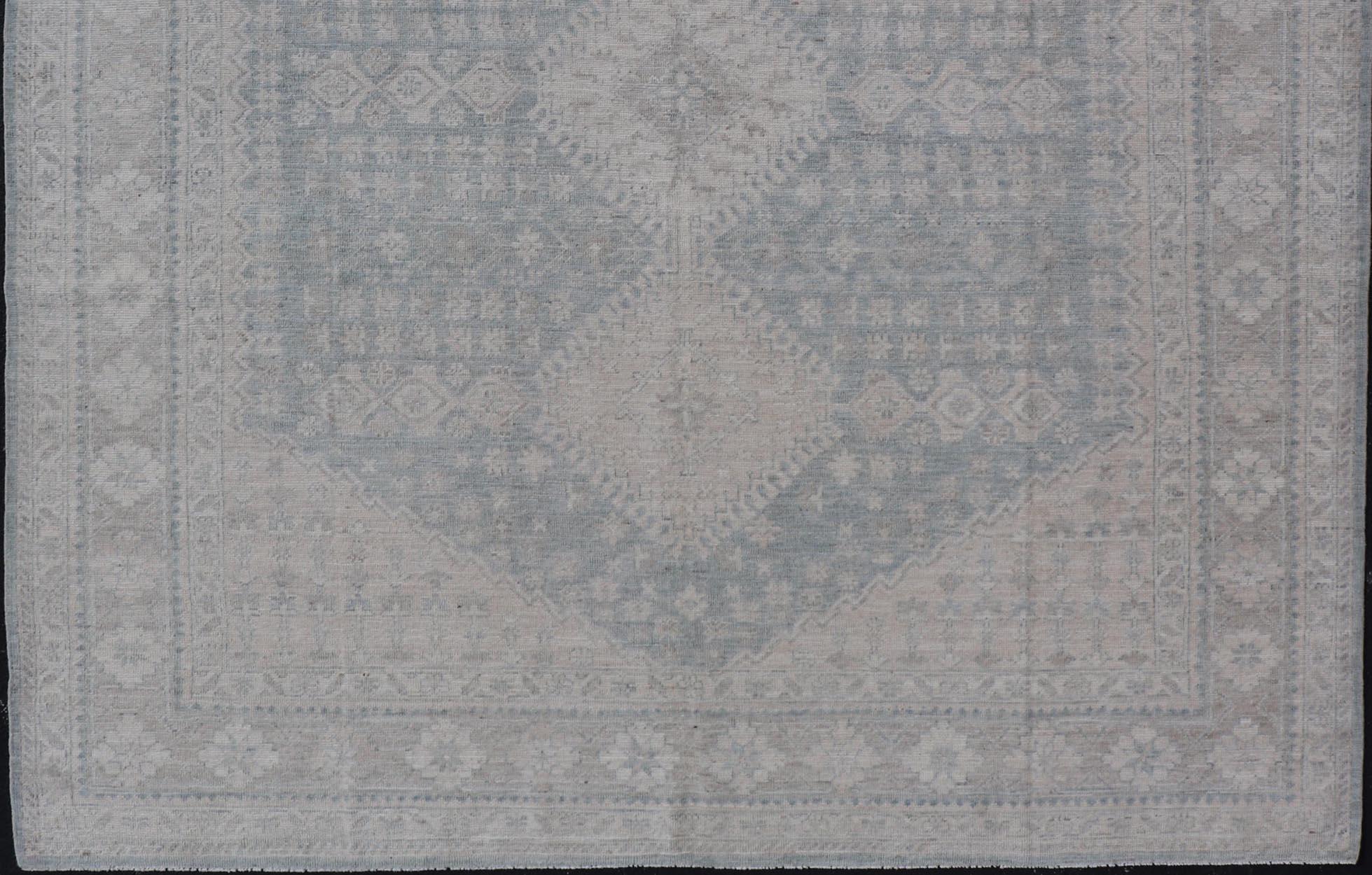 Wool Modern Persian Shiraz Rug with Tribal Design in Light Blue Background and Taupe For Sale