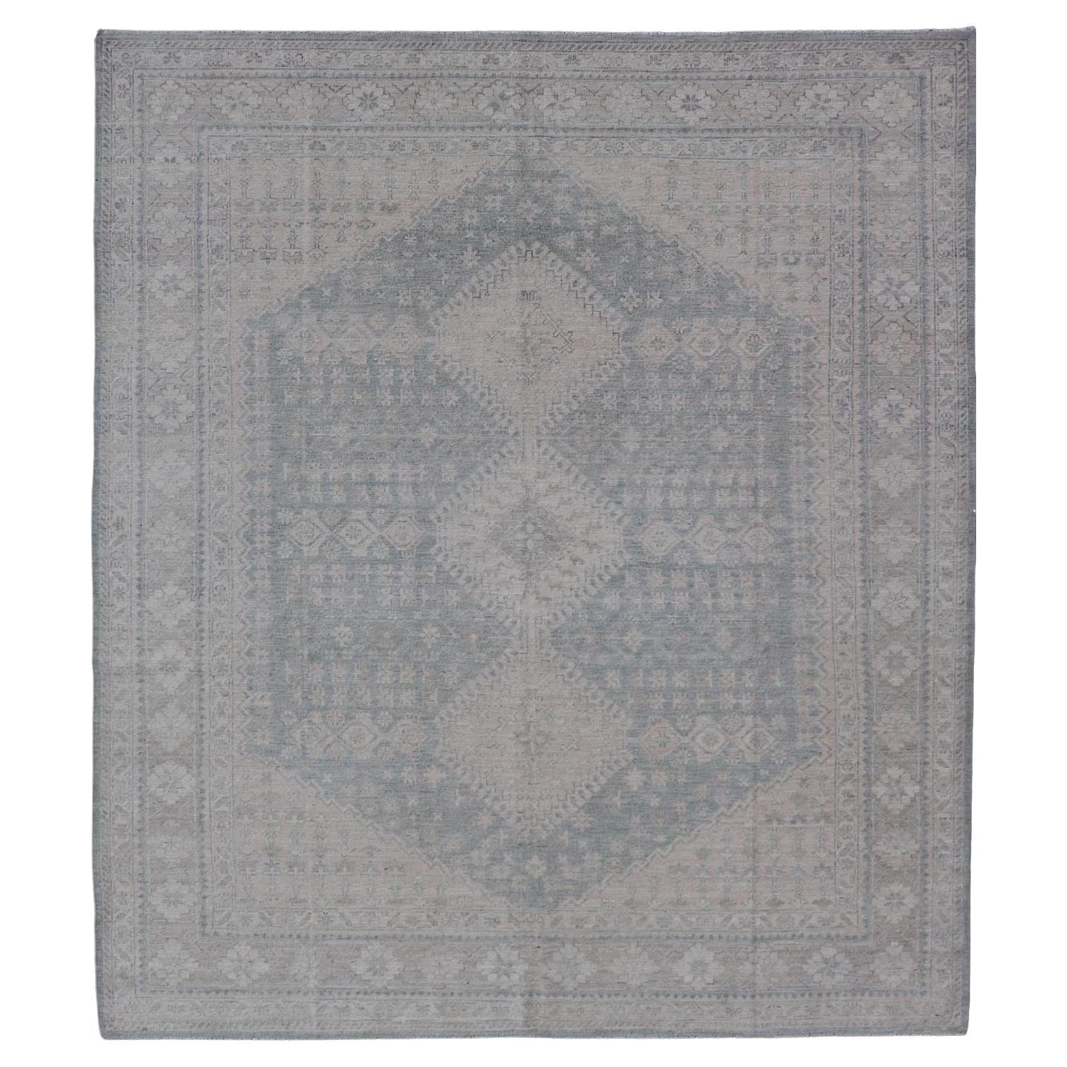Modern Persian Shiraz Rug with Tribal Design in Light Blue Background and Taupe For Sale