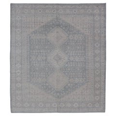 Modern Persian Shiraz Rug with Tribal Design in Light Blue Background and Taupe
