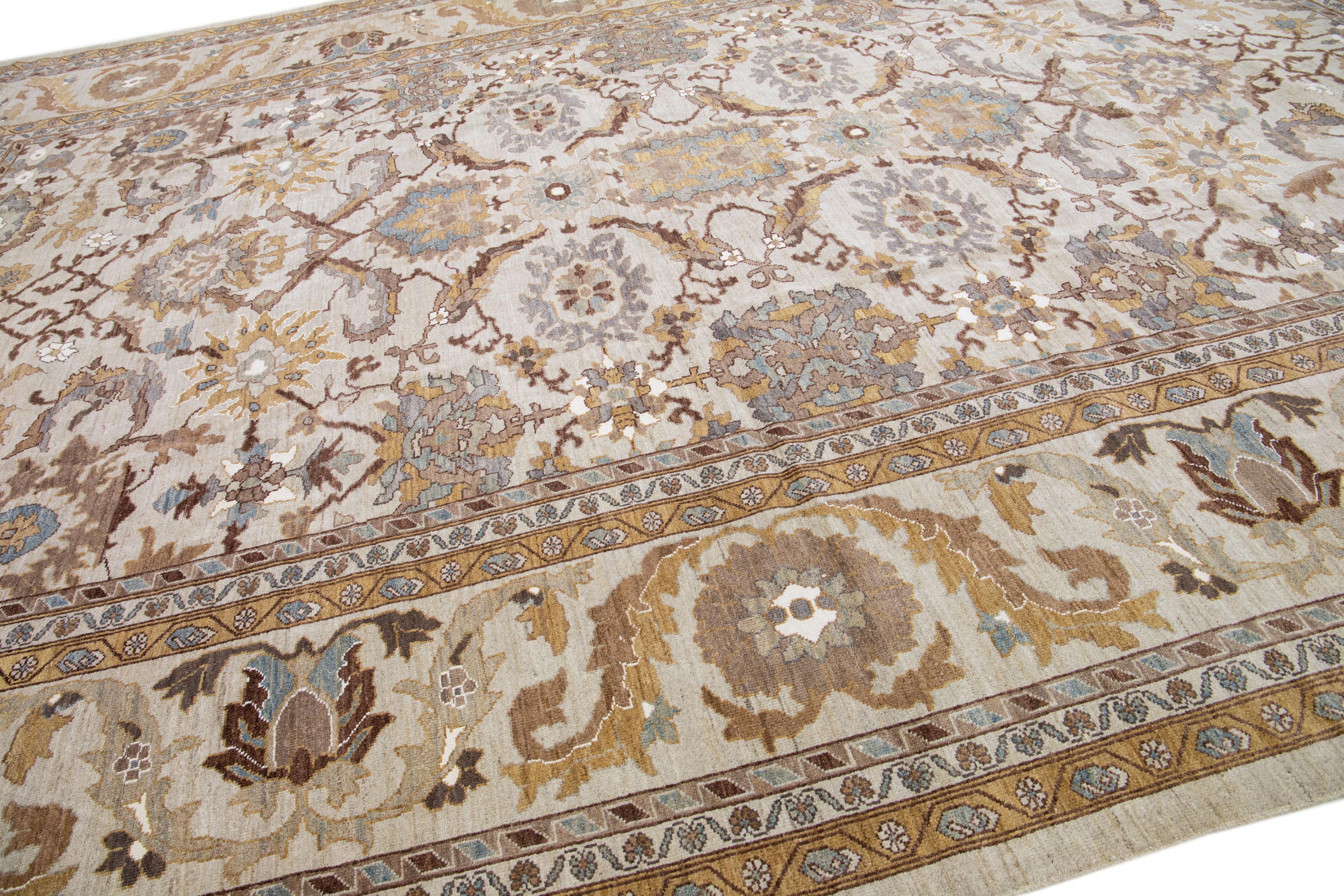 Noué à la main Moderne  Tapis persan Sultanabad en laine beige fait à la main avec motif sur toute sa surface en vente