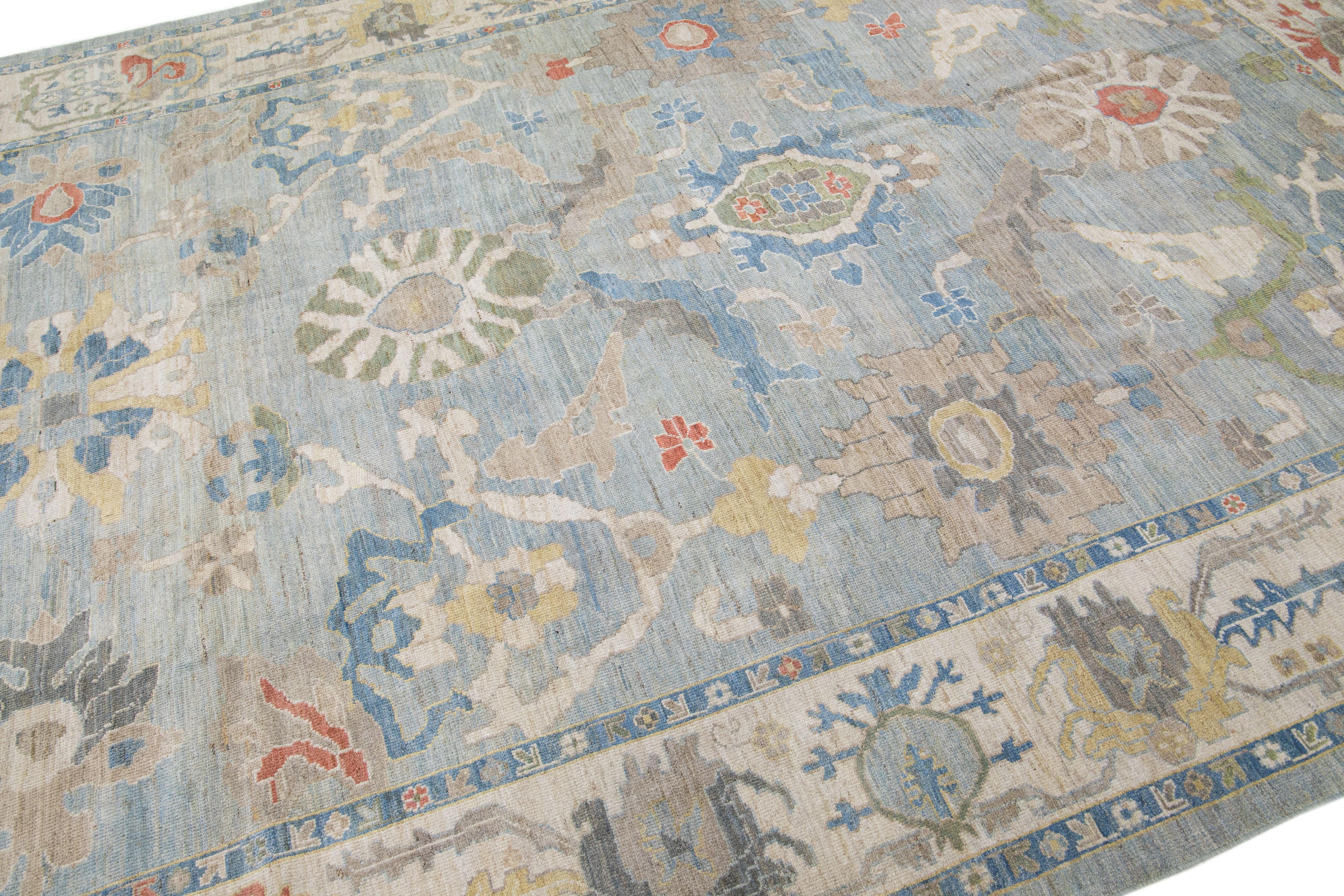 Hand-Knotted Modern Persian Sultanabad Handmade Wool Rug in Blue with Allover Motif For Sale