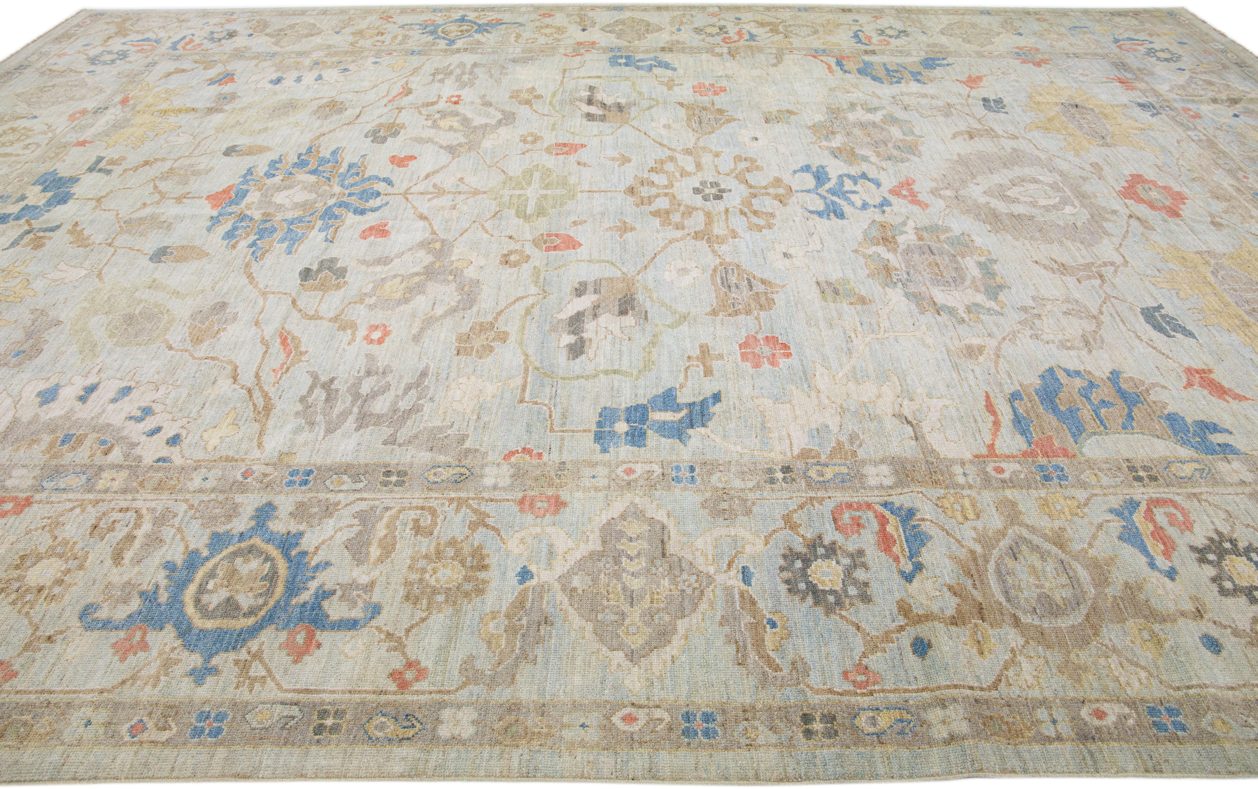 Contemporary Modern Persian Sultanabad Handmade Wool Rug in Light Blue For Sale