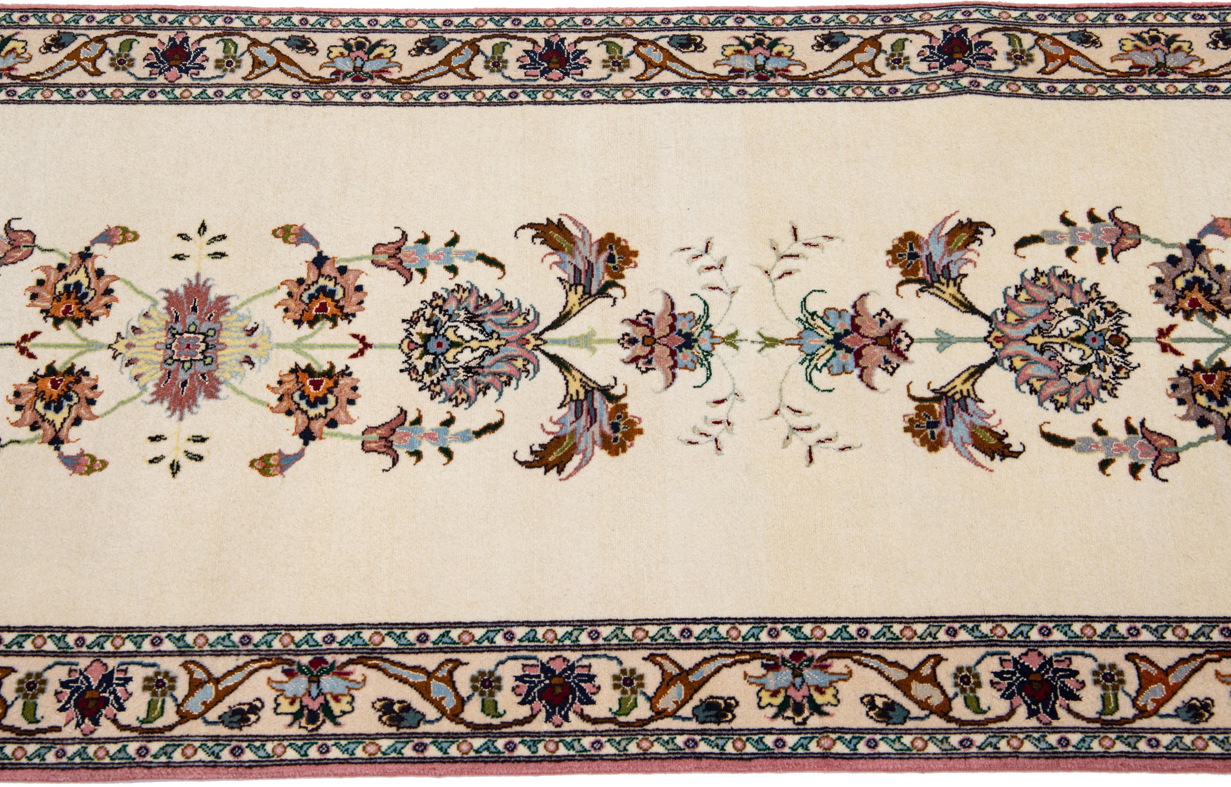 Modern  Persian Tabriz Ivory Handmade Wool Runner  For Sale 1