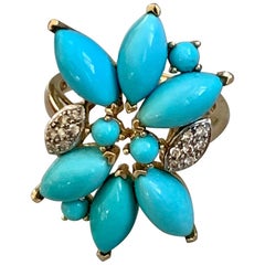 Modern Persian Turquoise and Diamond 14 Karat Yellow Gold Ring - Size 8