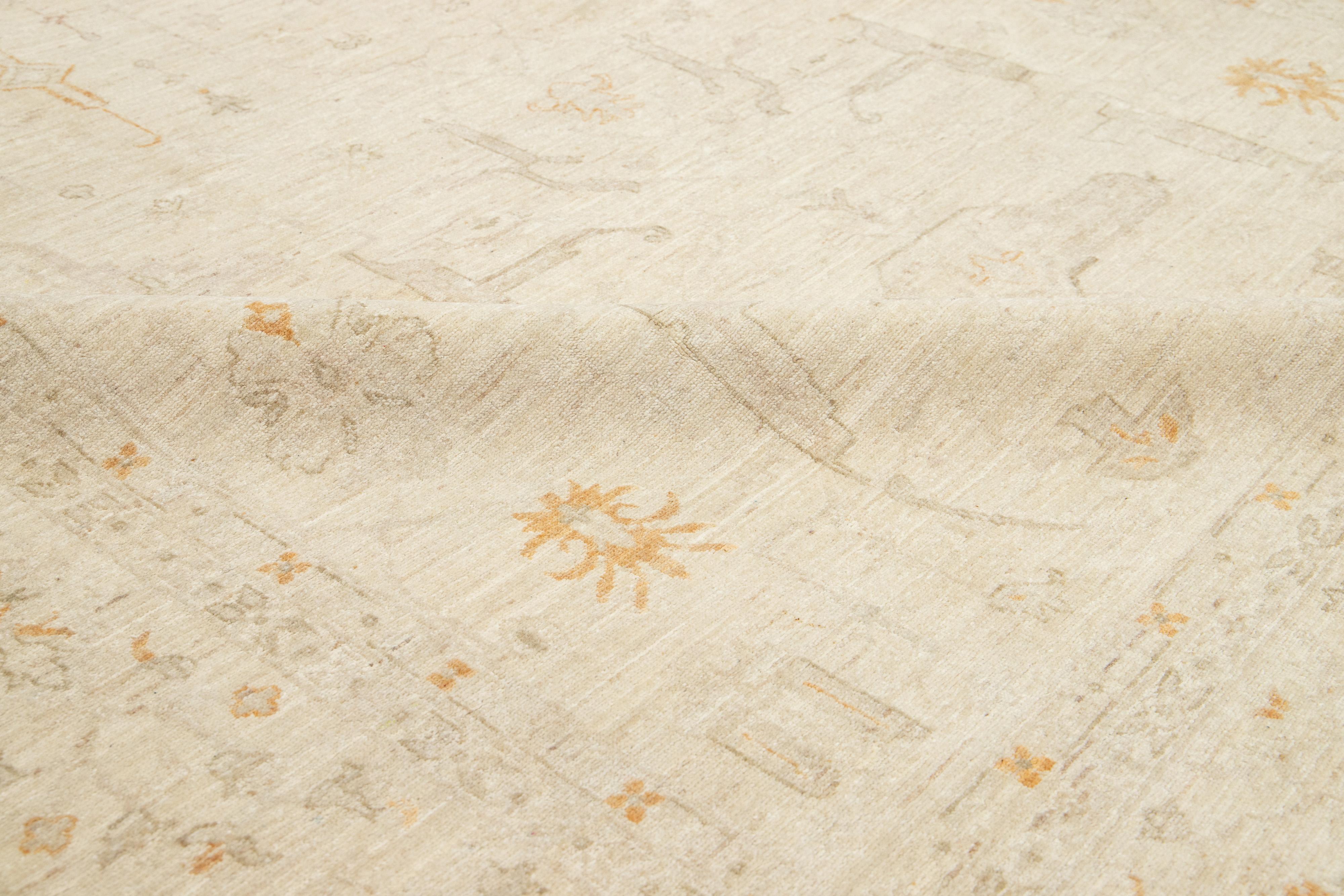 Moderner handgefertigter Peshawar-Wollteppich mit Allover-Motiv in Beige im Angebot 2