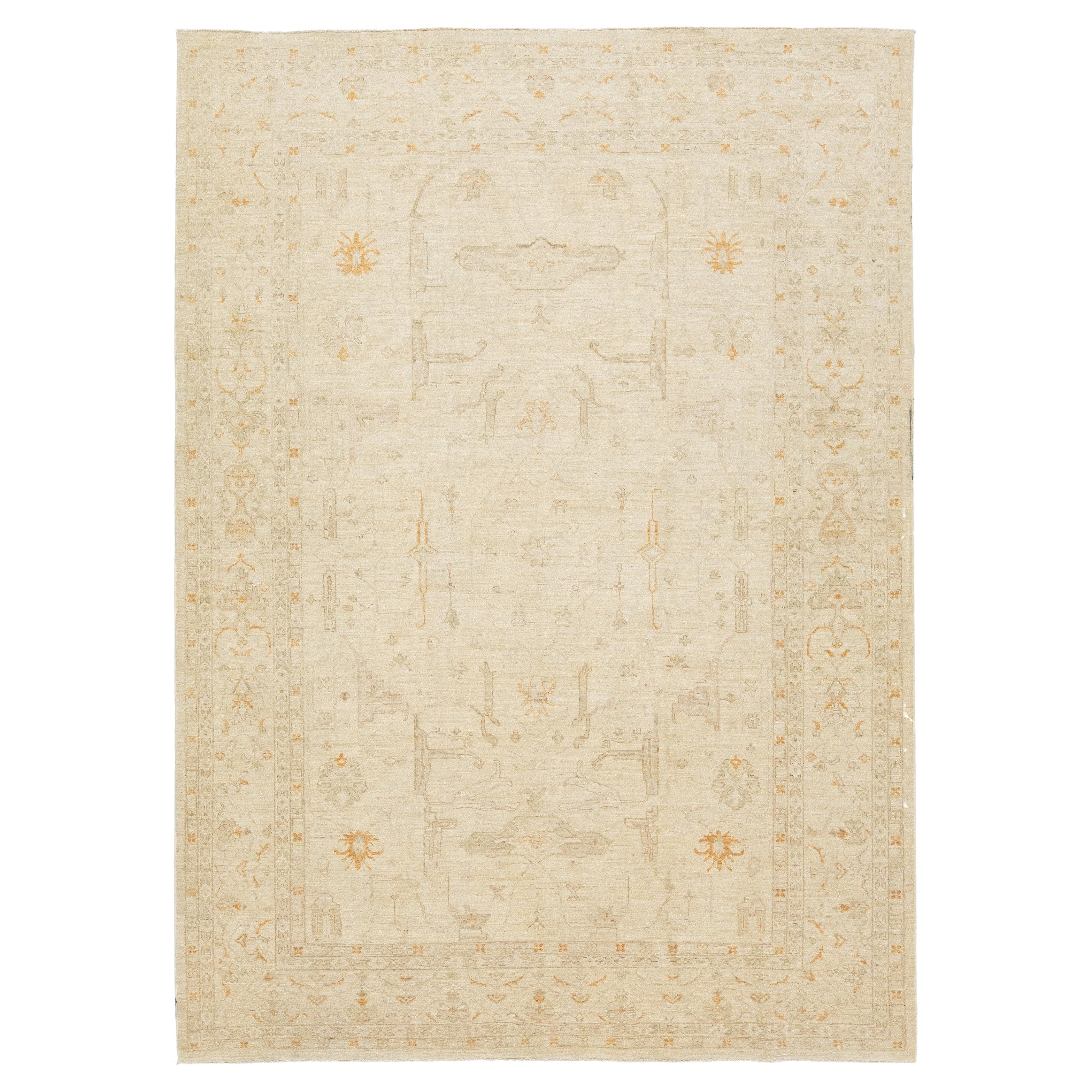 Modern Peshawar Beige Handmade Allover Motif Wool Rug