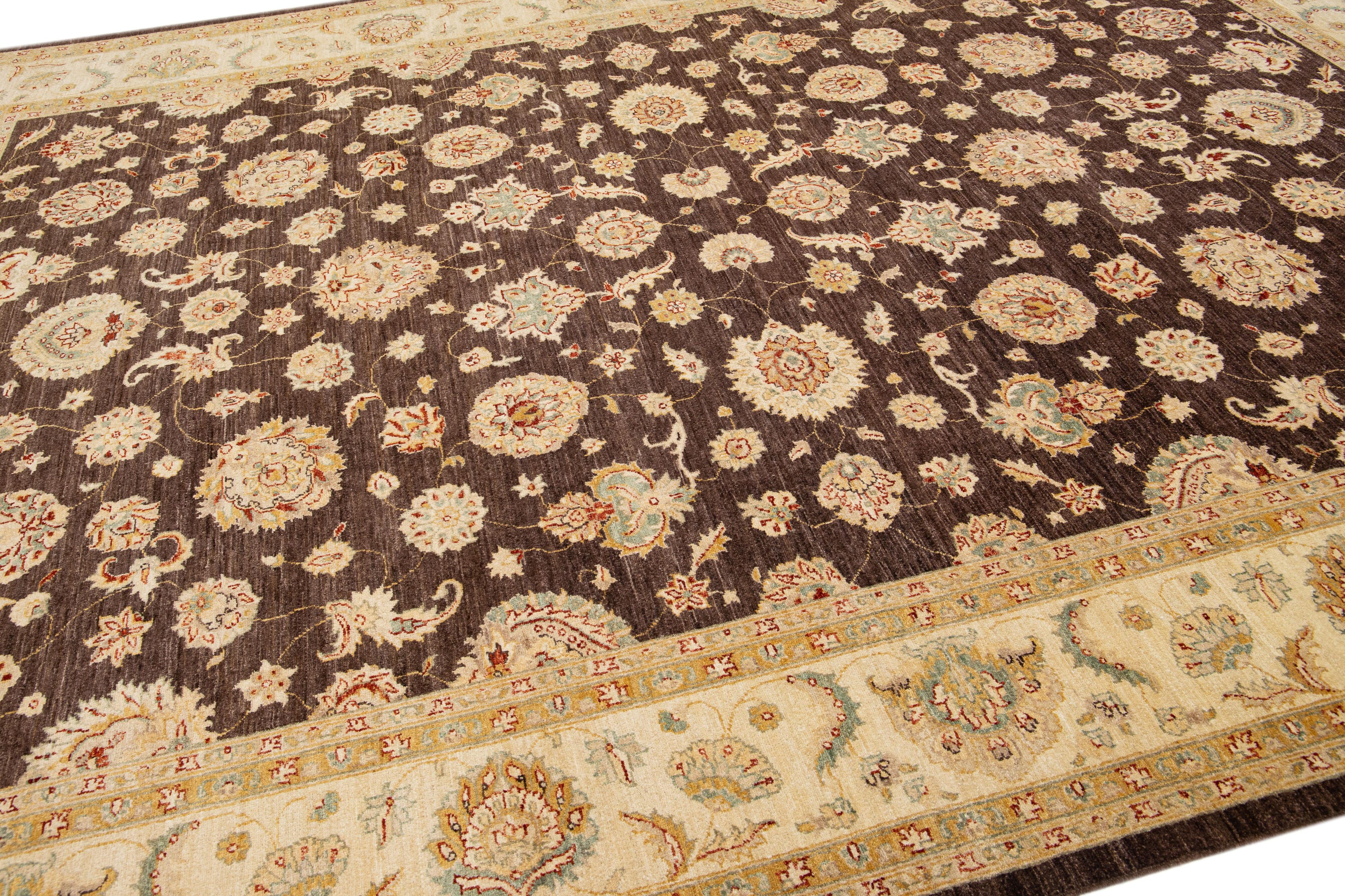 Hand-Knotted Modern Peshawar Brown Handmade Wool Rug With Palmettes Motif For Sale