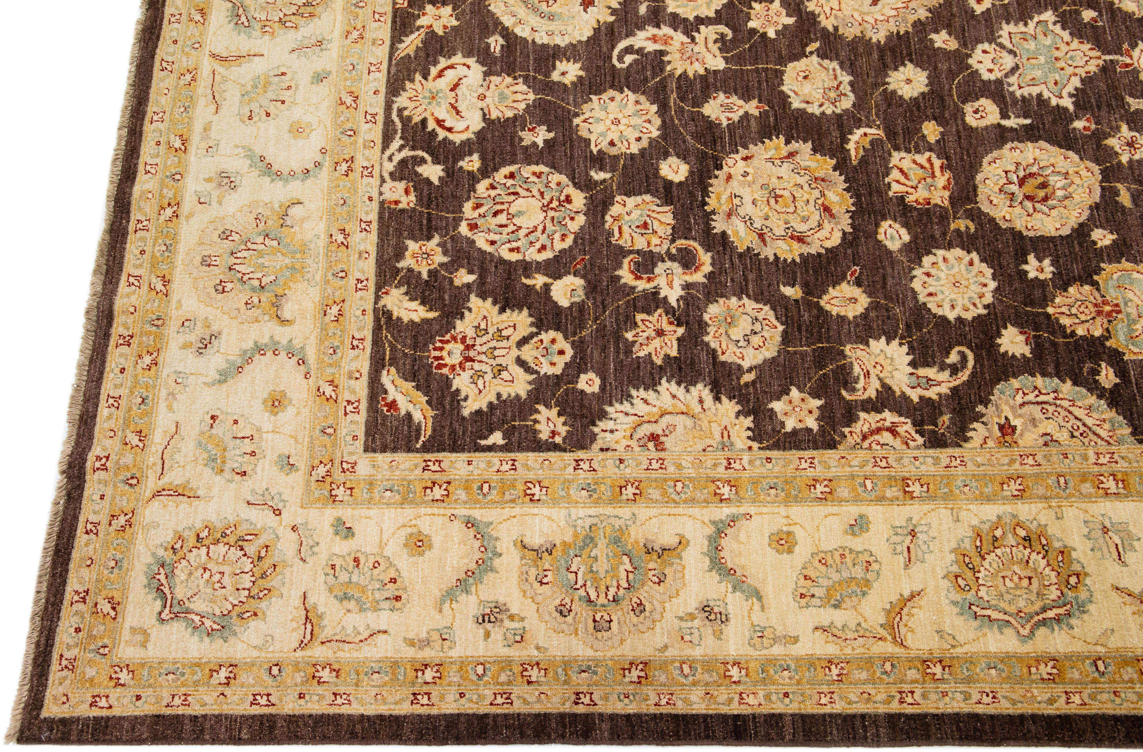 Modern Peshawar Brown Handmade Wool Rug With Palmettes Motif In New Condition For Sale In Norwalk, CT
