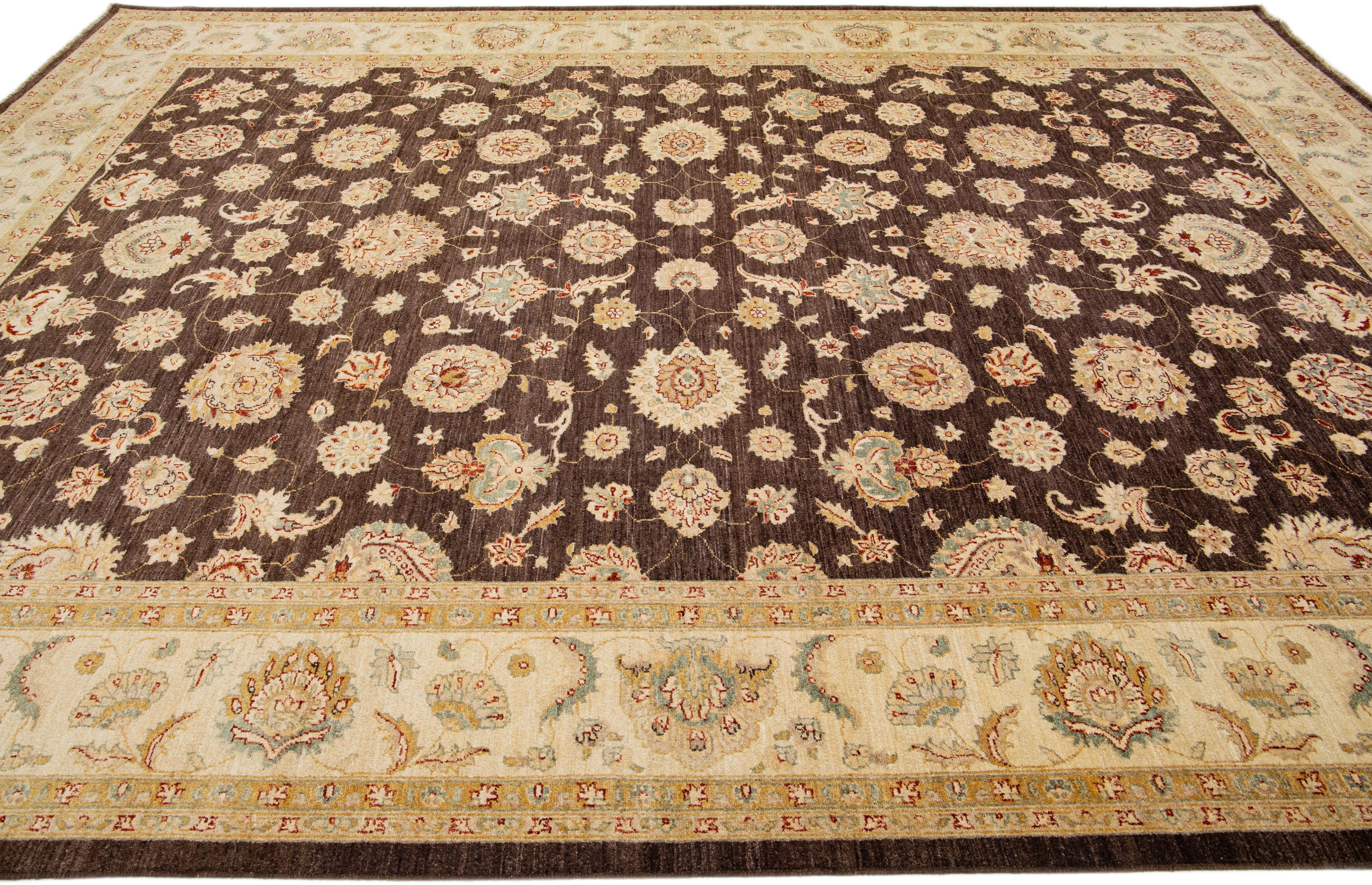 Contemporary Modern Peshawar Brown Handmade Wool Rug With Palmettes Motif For Sale
